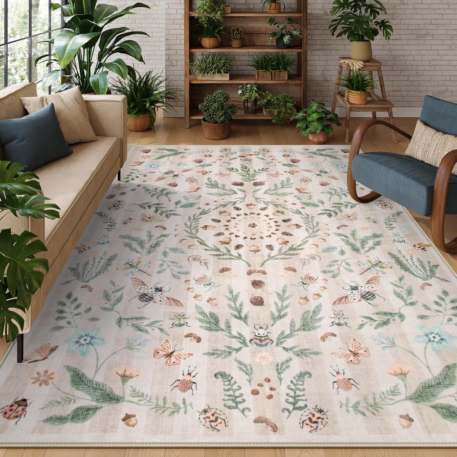 Lahome Insect Botanical Washable Beige Area Rugs 8x10 Rugs for Living Room, Non...