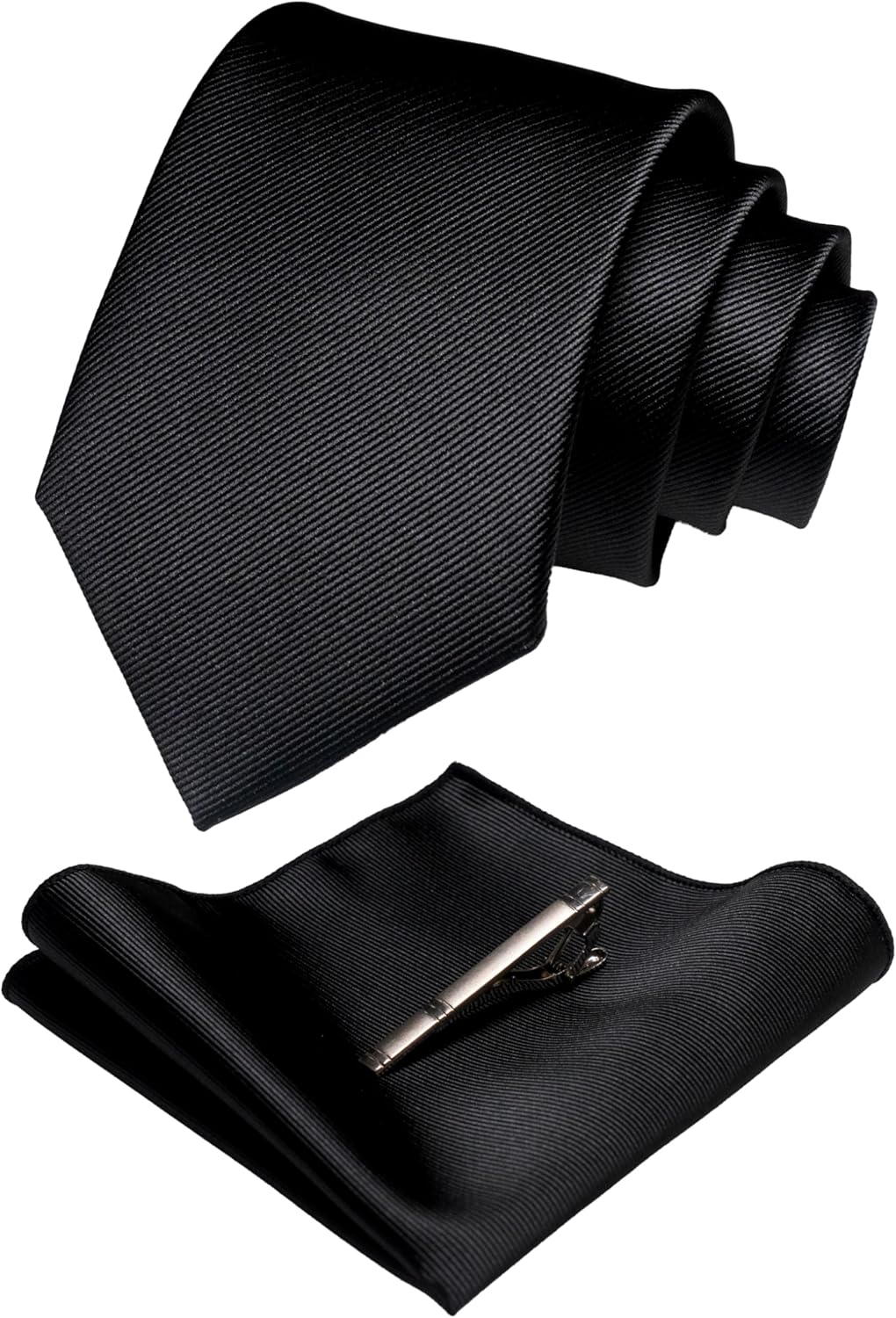JEMYGINS Solid Color Formal Necktie and Pocket Square Tie Clip Sets for Men Blac...