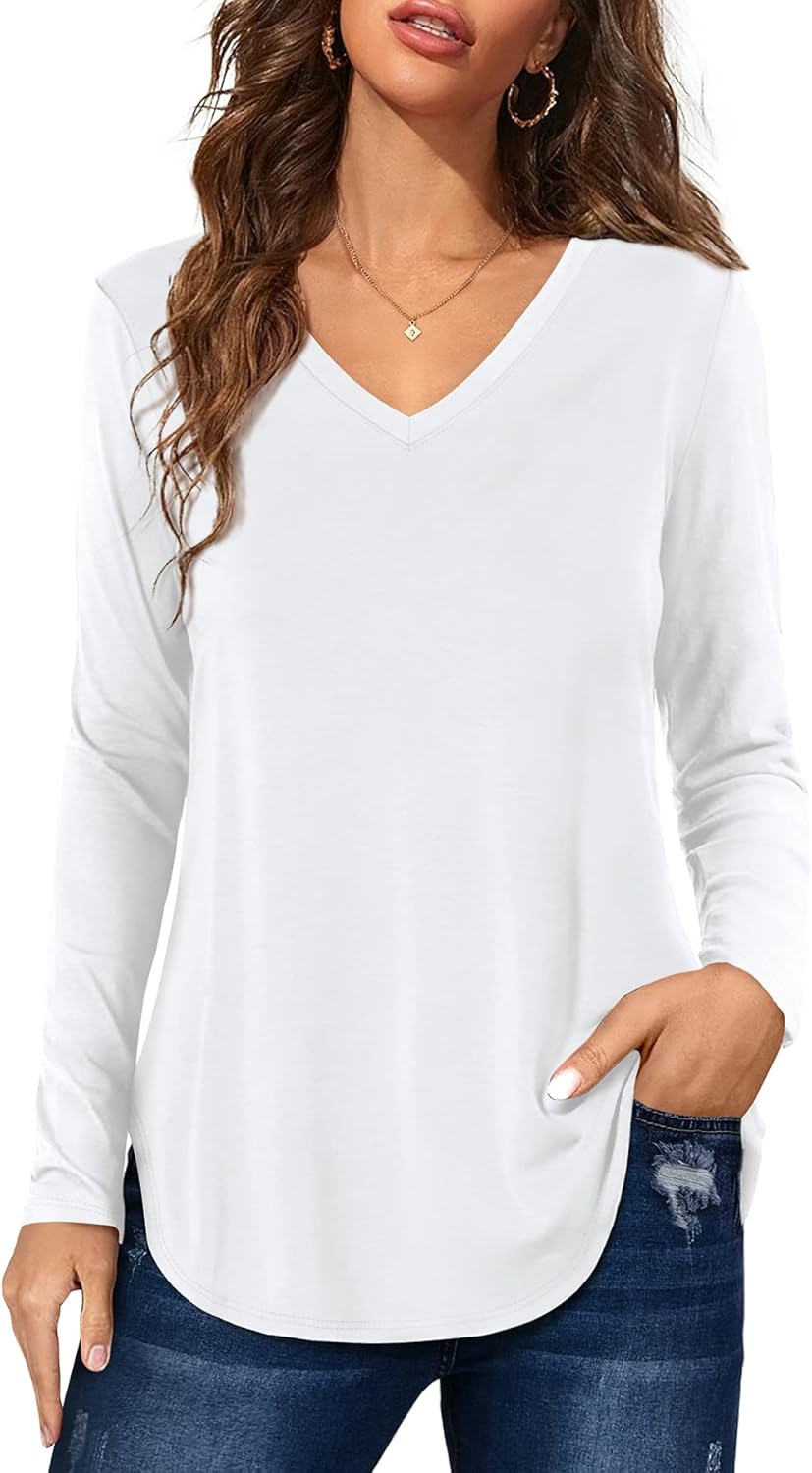 Florboom Womens Casual Loose Tops Tshirts Short/Long Sleeve V Neck Plain Longlin...