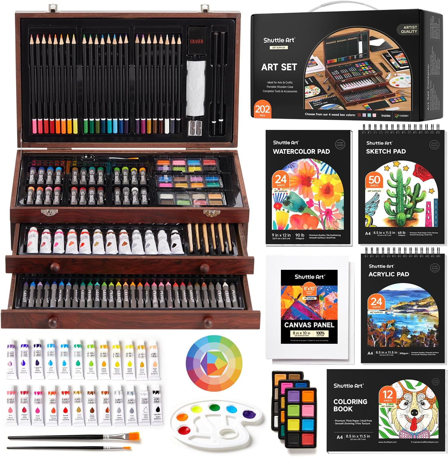 Shuttle Art Deluxe Gift Art Kit, 202-Piece Wooden Art Supplies Set with 4 Drawin...