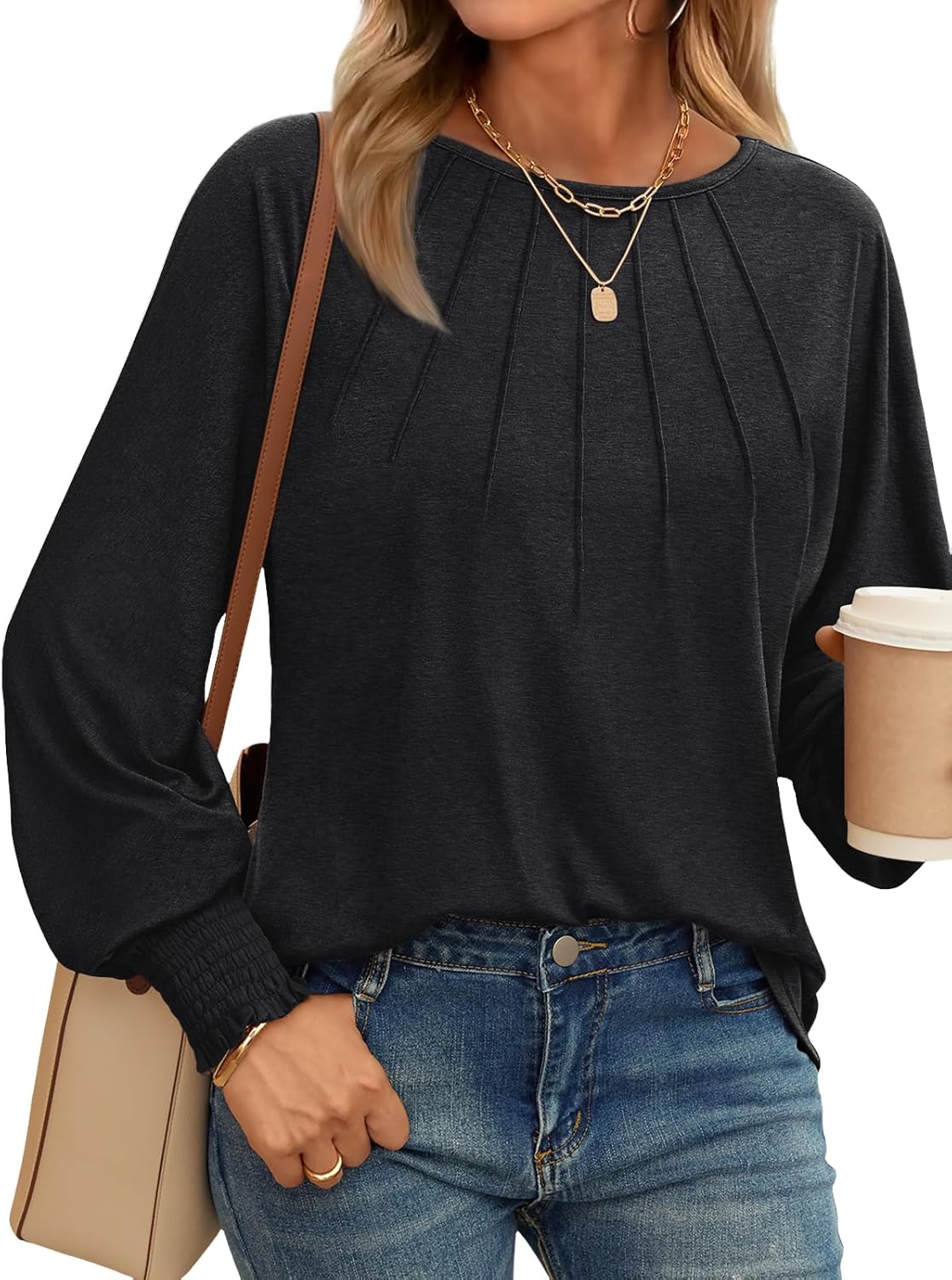 AUTOMET Womens Fall Fashion Long Sleeve Shirts Dressy Casual Pleated Basic Trend...