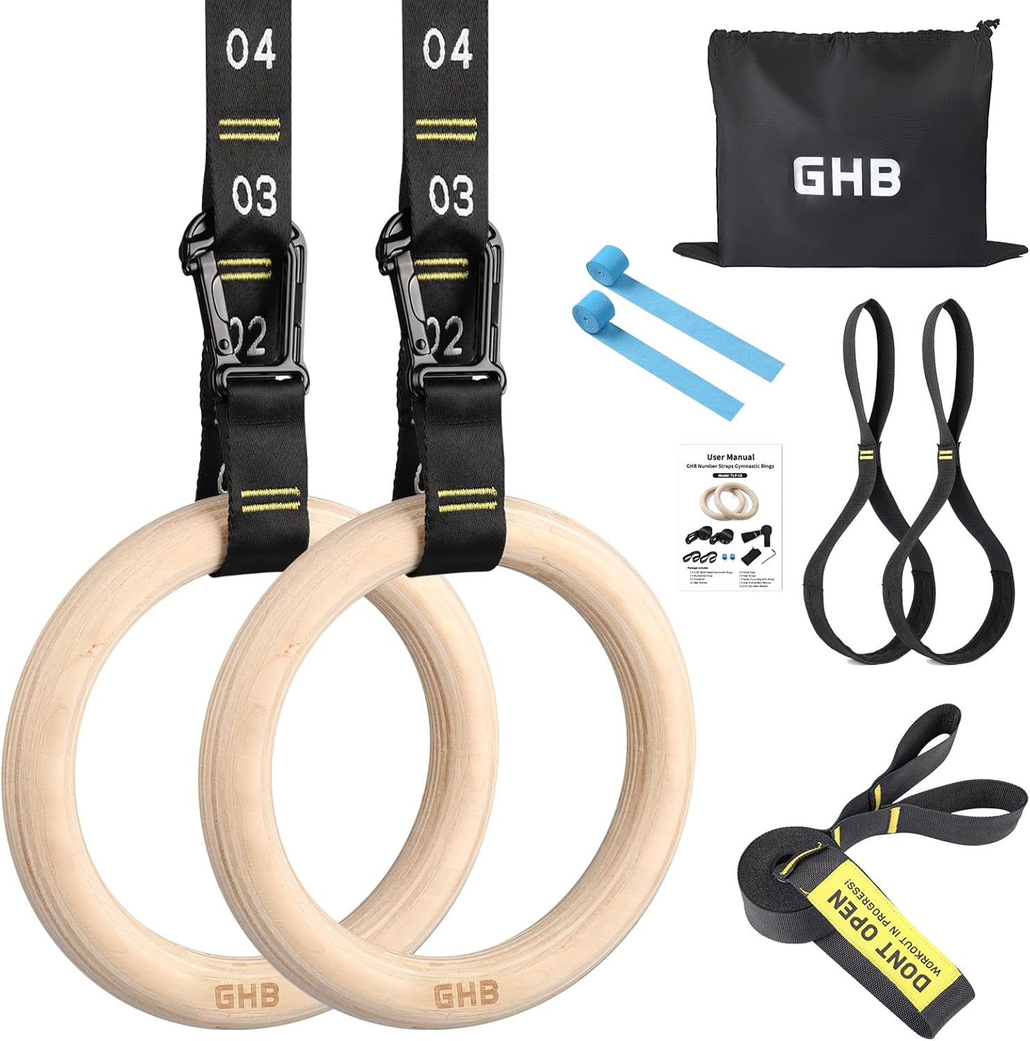 GHB Gymnastic Rings Wooden Gym Rings 1.25" Olympic Rings Adjustable Numbered Str...