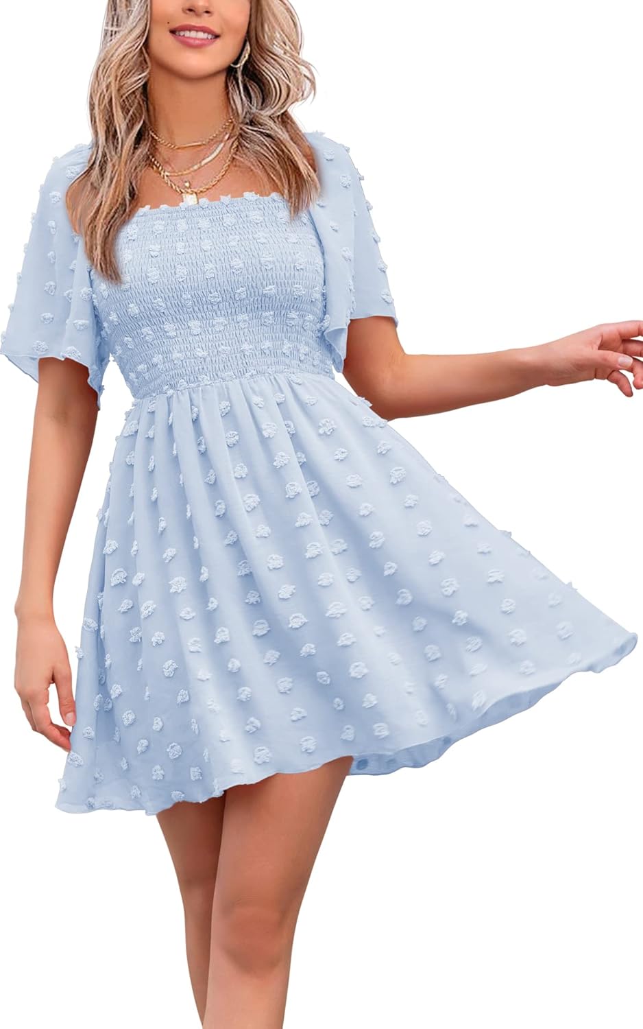 EXLURA Women's 2025 Summer Casual Square Neck Dresses Ruffle Short Sleeve Swiss...