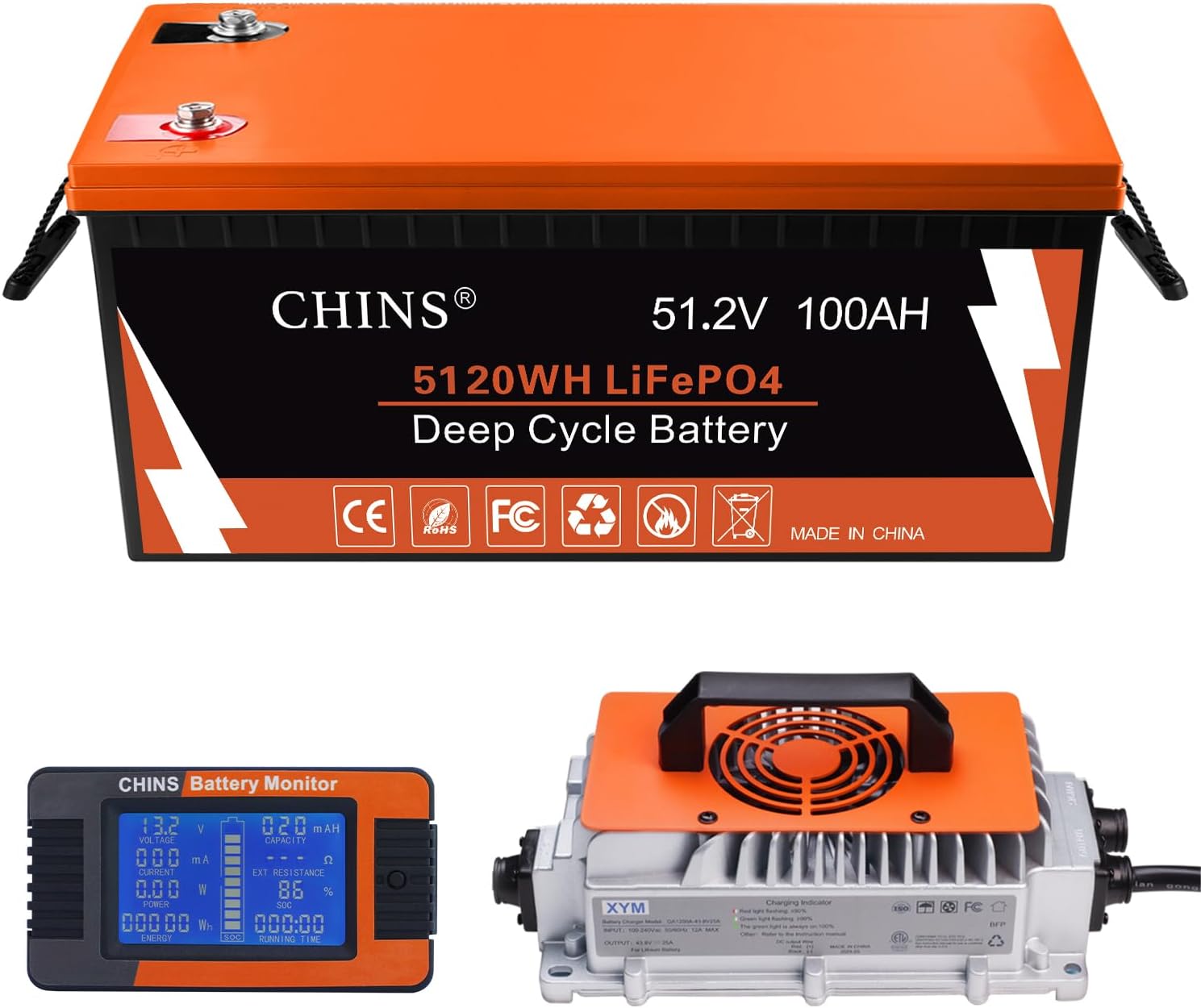 CHINS 48V Lithium Golf Cart Battery, 48 Volt 100Ah LiFePO4 Battery, Built-in Blu...