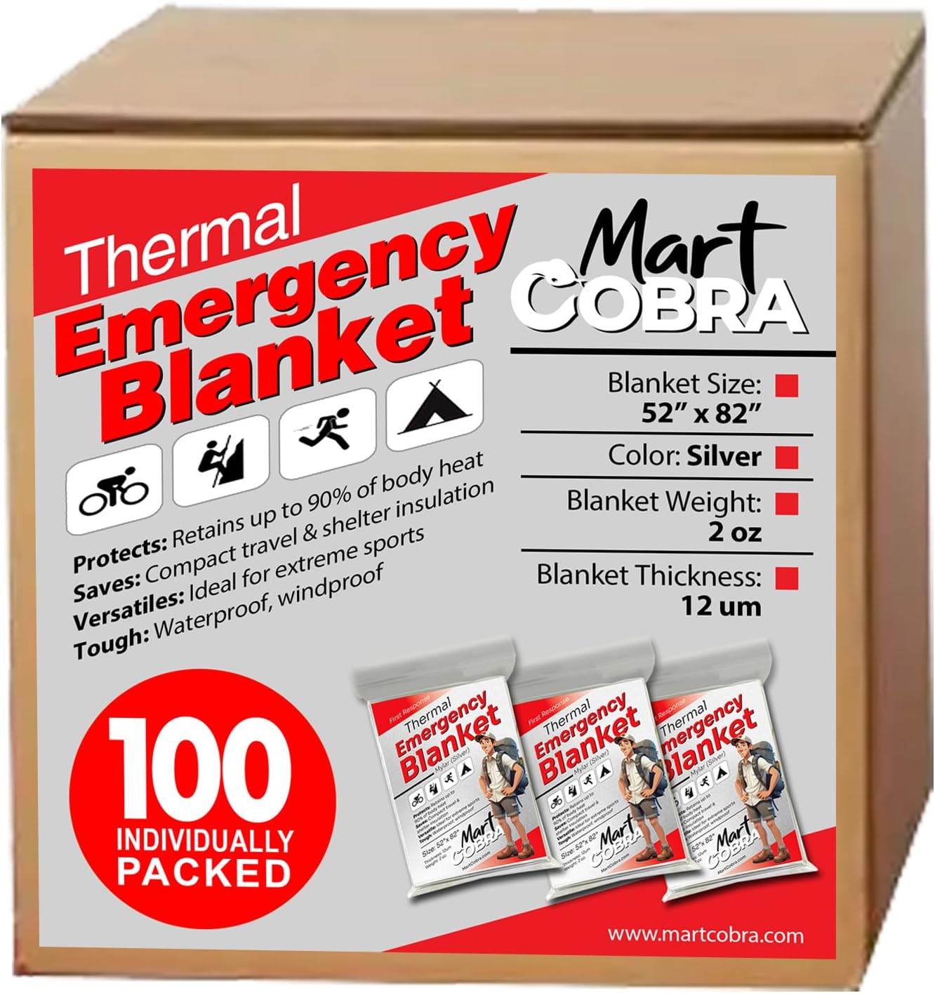 Mart Cobra Emergency Blanket 100-Pack Space Mylar Blankets Survival Gear and Sup...