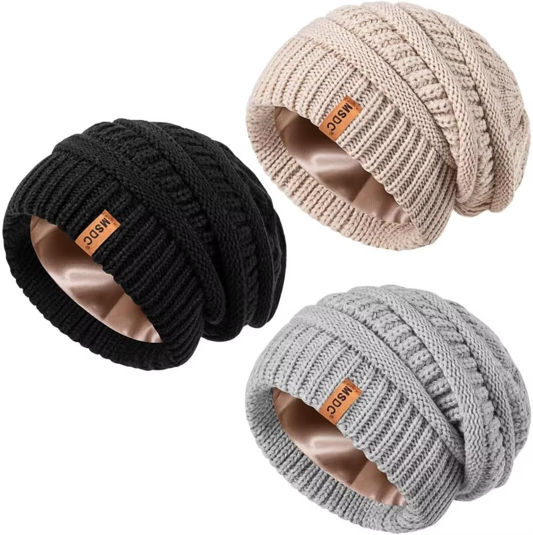 3 Pack Satin Lined Beanie for Women, Warm Slouchy Winter Hats with Silk Lined, F...