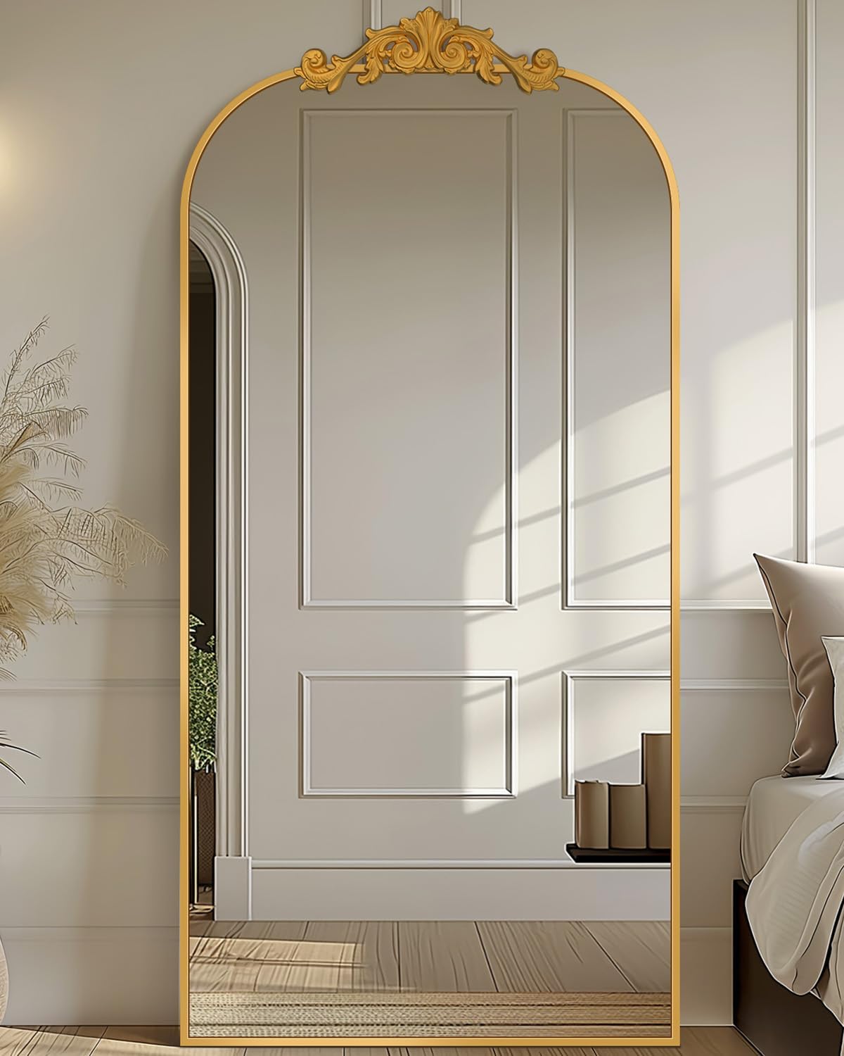 Arched Full Length Mirror, 71"x28" Floor Mirror Freestanding with Carved Metal F...