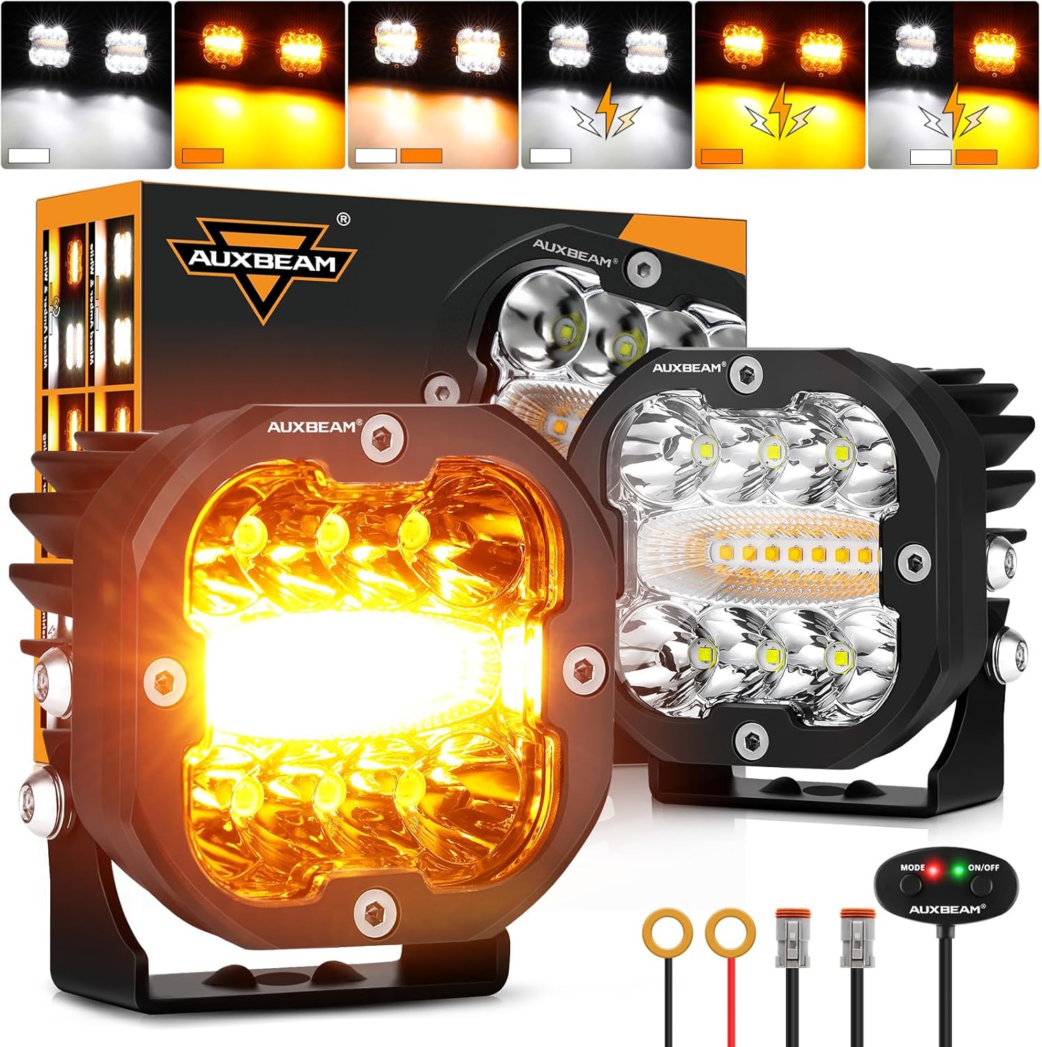 Auxbeam 6 Modes Amber White LED Pods XP-Ultra Series 3Inch 96W Dual Color Strobe...