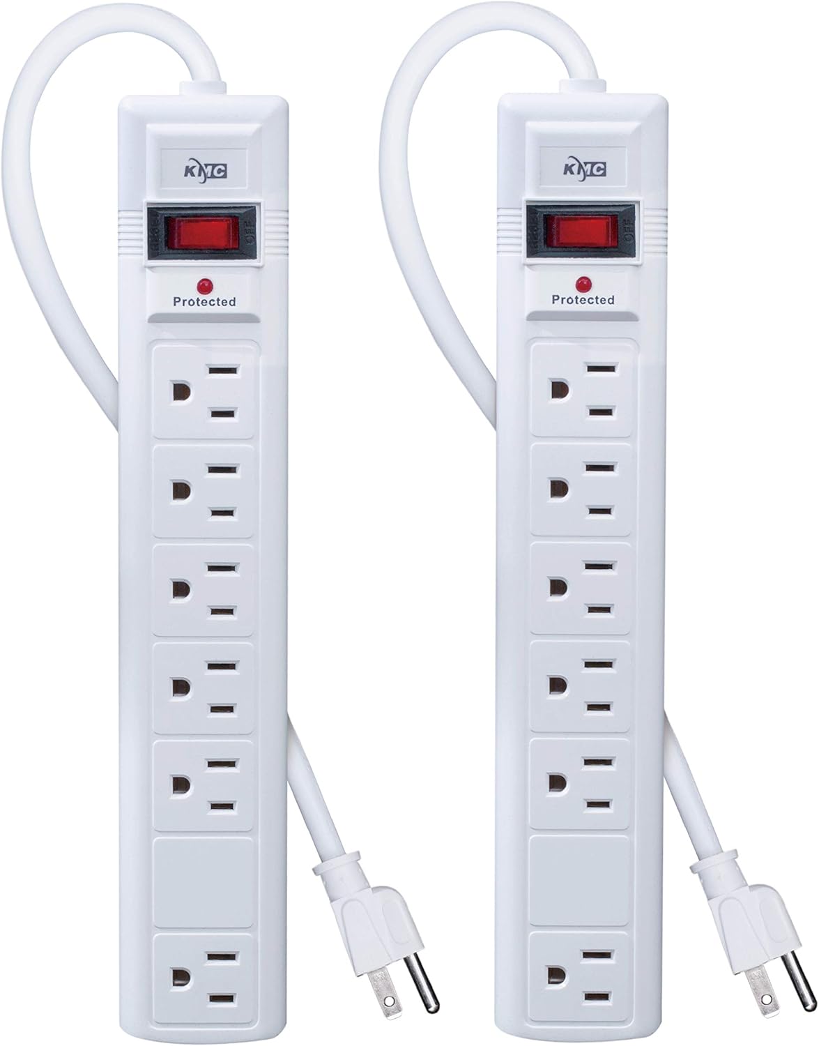 KMC 6-Outlet Surge Protector Power Strip, 2-Pack, 1200 Joules, 6ft Cord, Adapter...