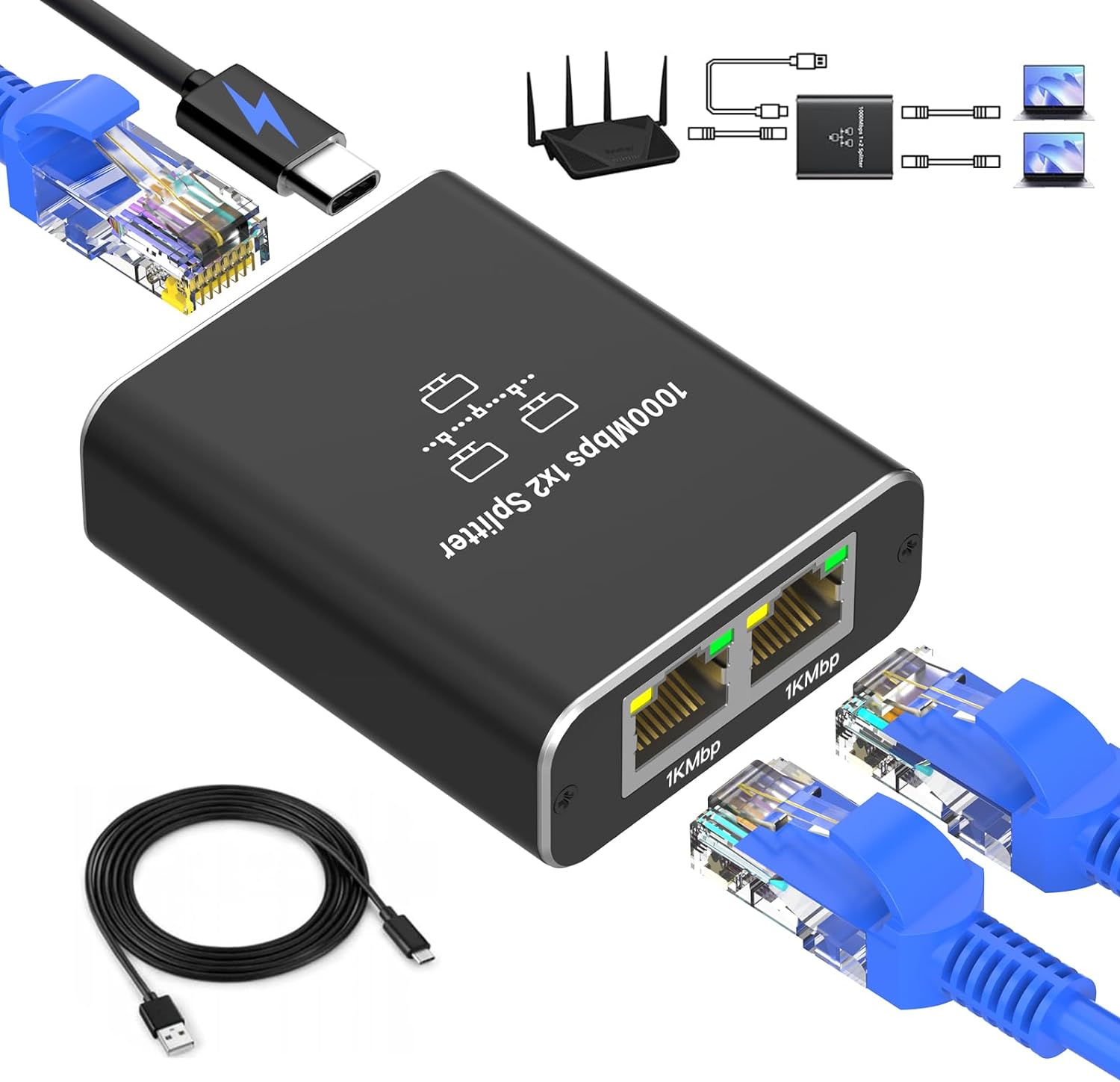 Ethernet Splitter 1 to 2, Gigabit Ethernet Switch, 1000Mbps RJ45 LAN Internet Sp...