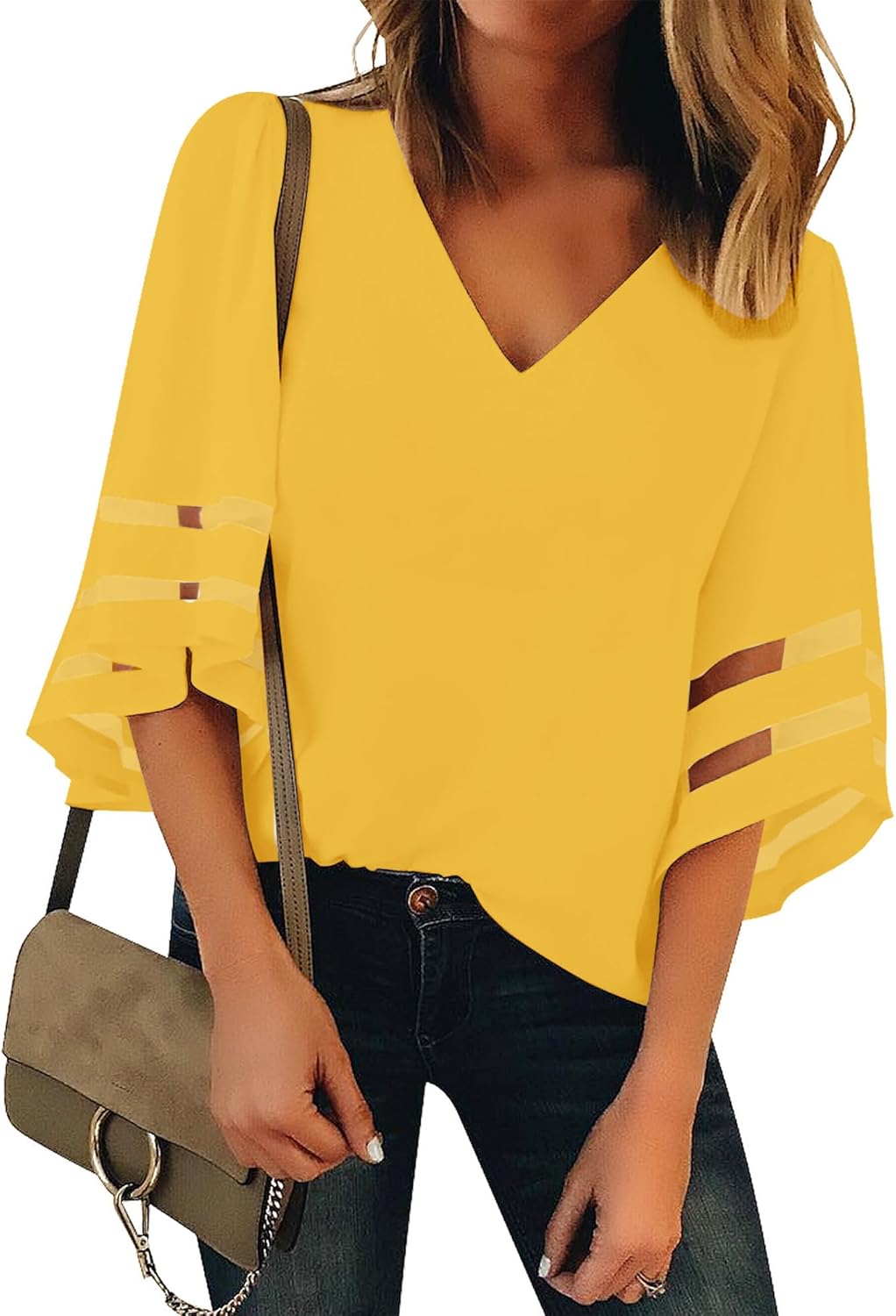 LookbookStore Women's V Neck Mesh Panel Blouse 3/4 Bell Sleeve Loose Top Shirt L...