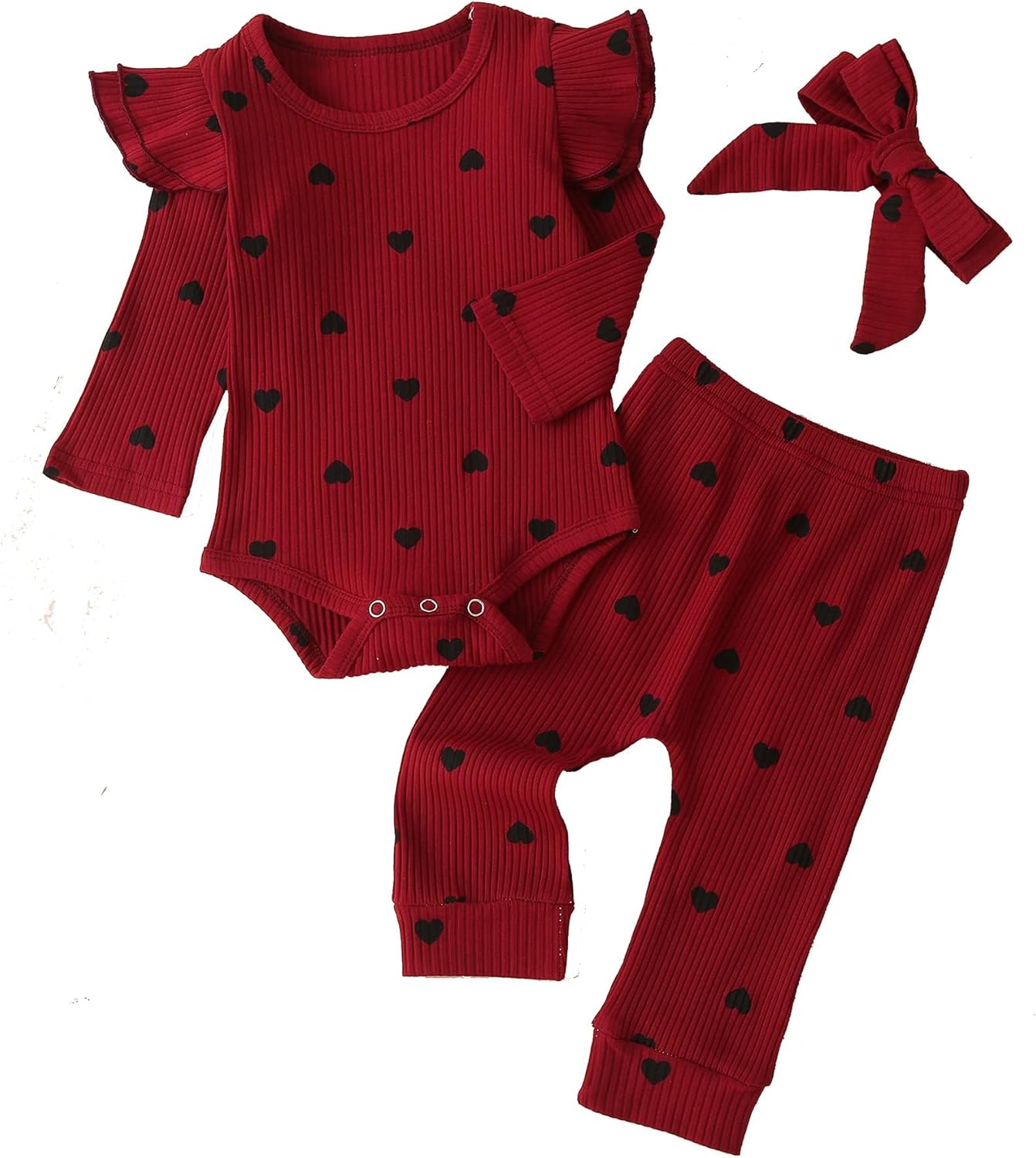 Fullfamous Baby Girl's 3pc Rib Frill Long Sleeve Romper and Pant Set Newborn Win...