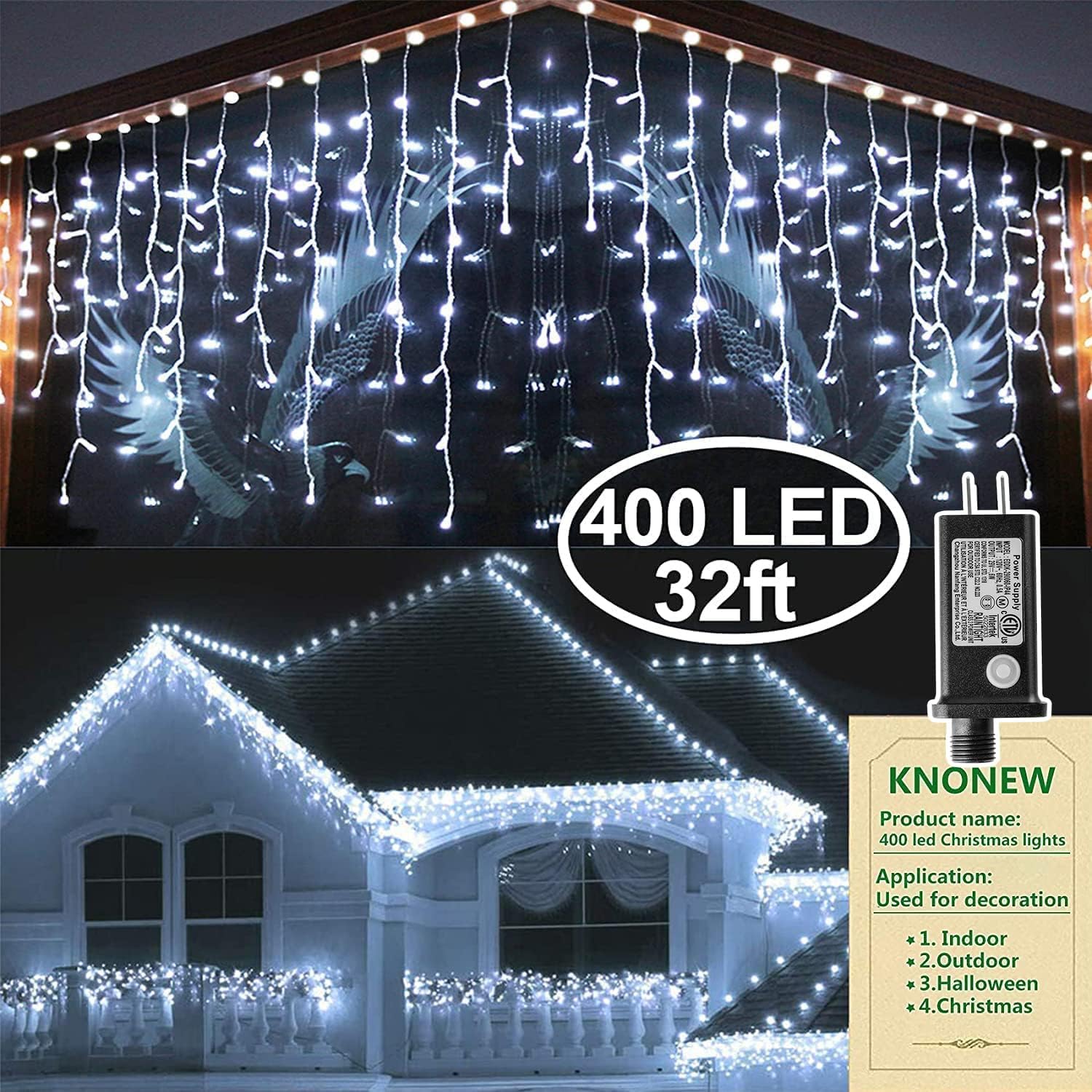 KNONEW Christmas Lights Outdoor Decorations 400 LED 33ft 8 Modes Curtain Fairy S...