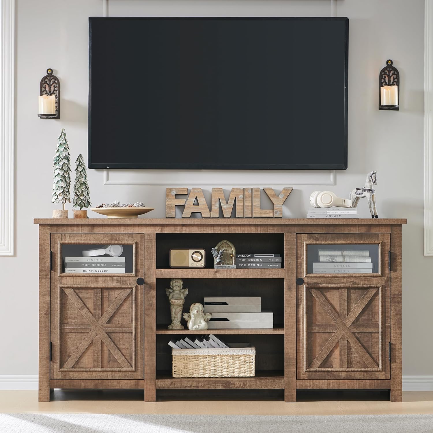 JXQTLINGMU Farmhouse TV Stand for 75 Inch TV, Entertainment Center with Storage,...
