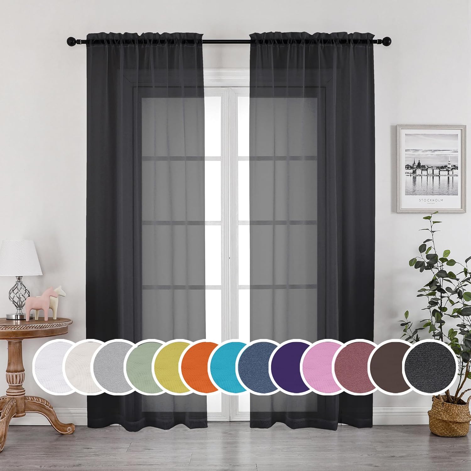 OWENIE Black Sheer Curtains, Sheer Curtains 84 inch Length 2 Panels Set, Rod Poc...