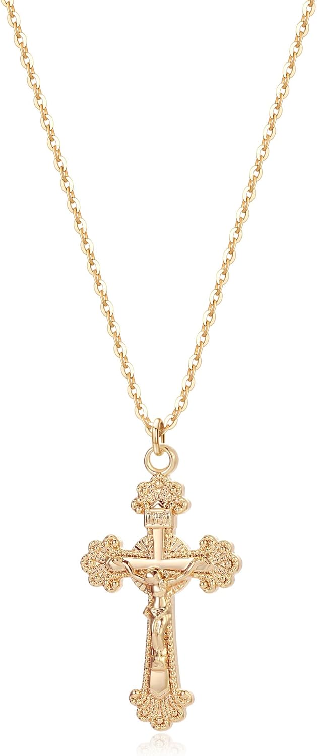 Fettero Cross Necklace Faith Pendant 14K Plated Dainty Chain Minimalist Simple T...