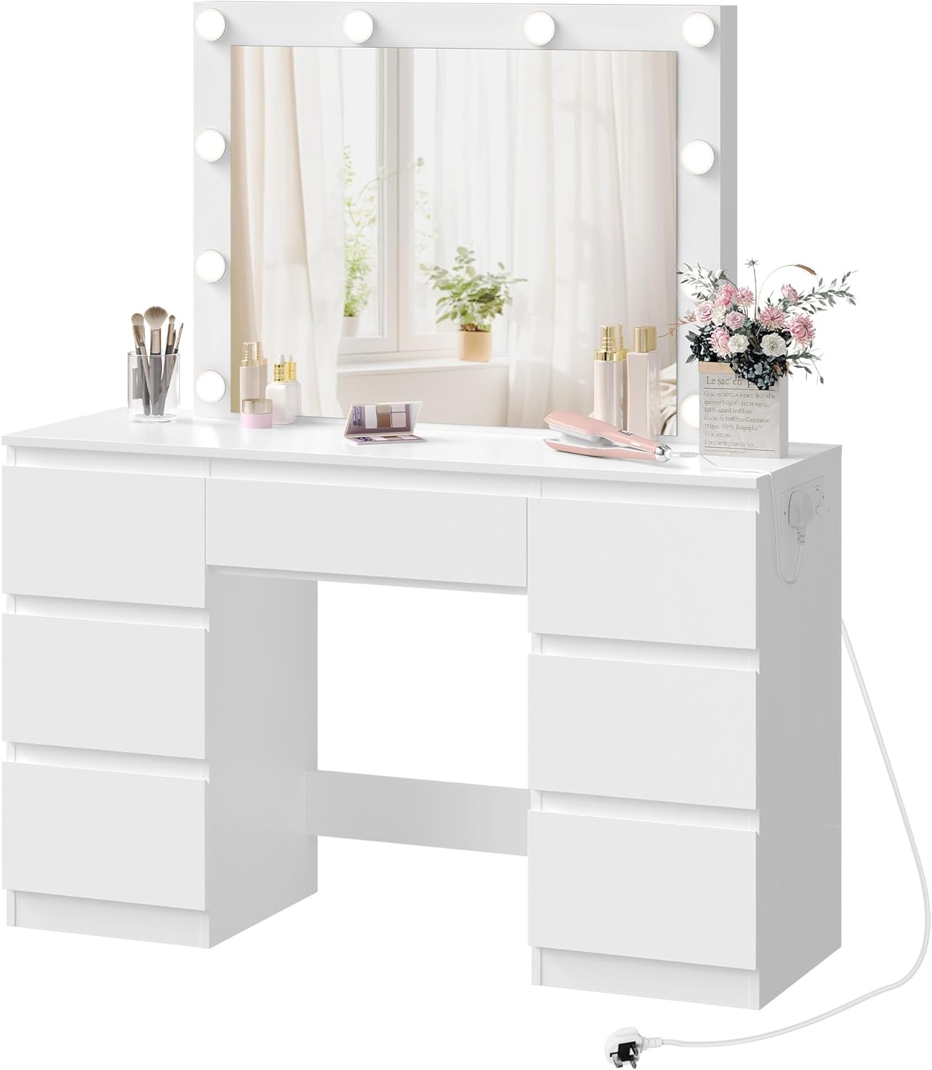 WOLTU Dressing Table with Lights and Multi-Socket, Vanity Desk with Large LED Mi...