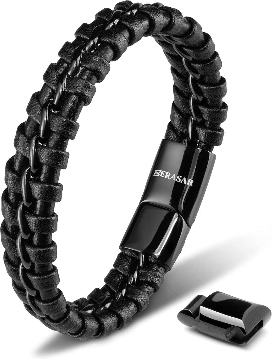 SERASAR Premium Leather Bracelet for Men - Magnetic Stainless Steel Clasp in Bla...