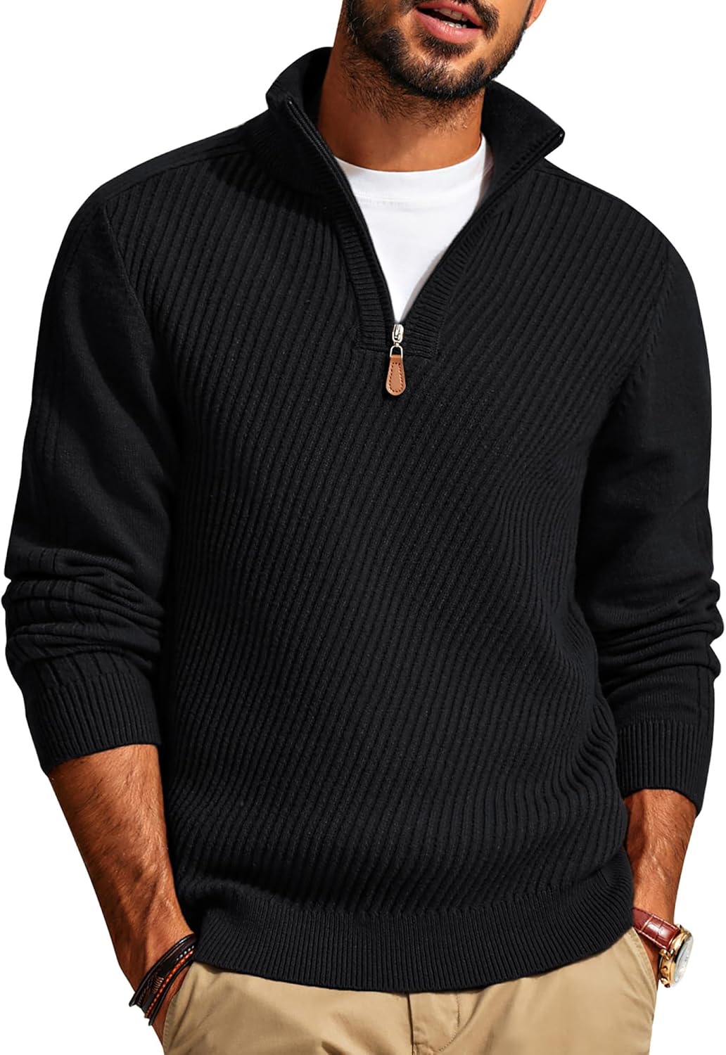 PJ PAUL JONES Mens Quarter Zip Pullover Sweaters Casual Slim Fit Knit Texture Sw...