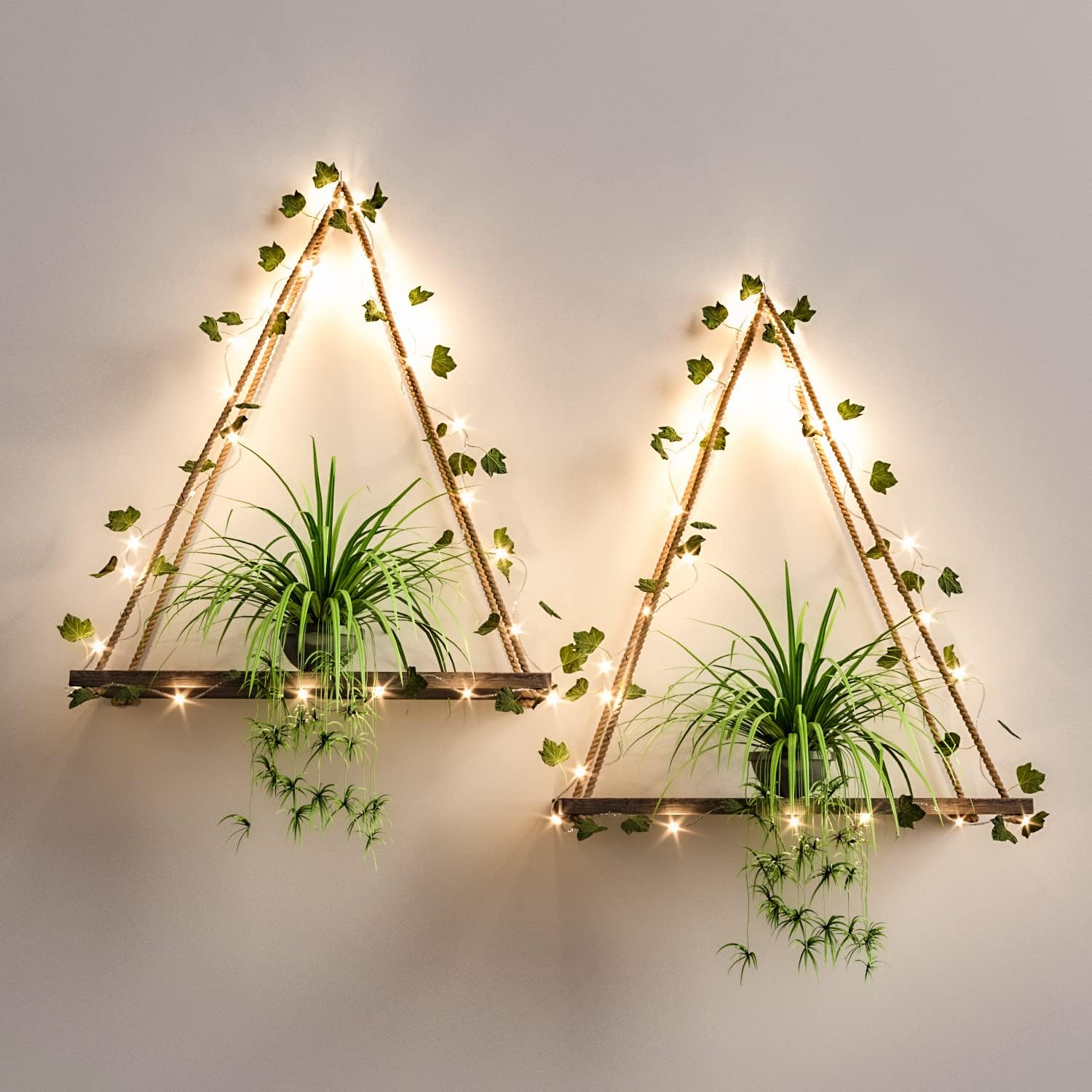 RICHER HOUSE Artificial Ivy LED-Strip Wall Hanging Shelves Set of 2, Macrame She...