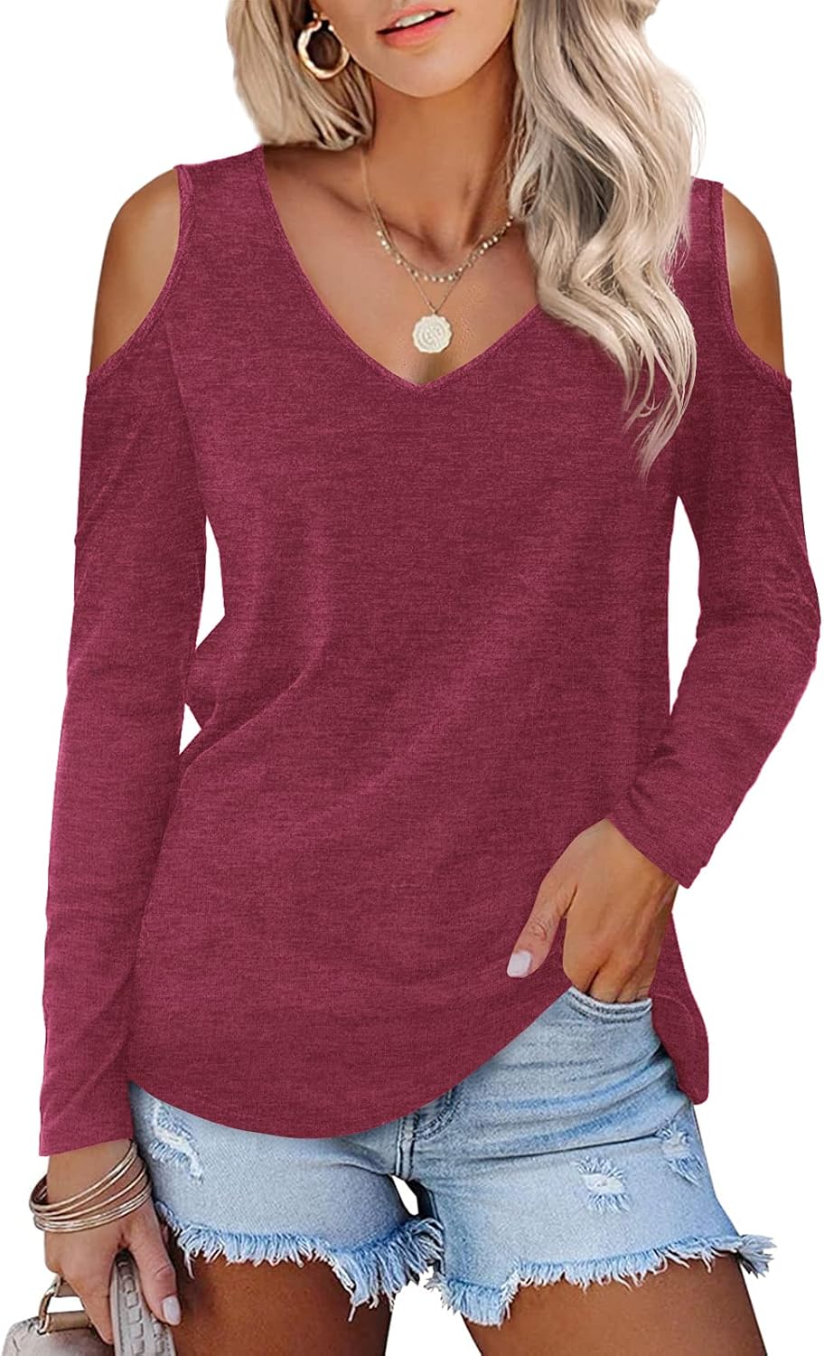 Beluring Women's Casual Cold Shoulder Shirt V Neck Long Sleeve Blouse Tops 12-14...