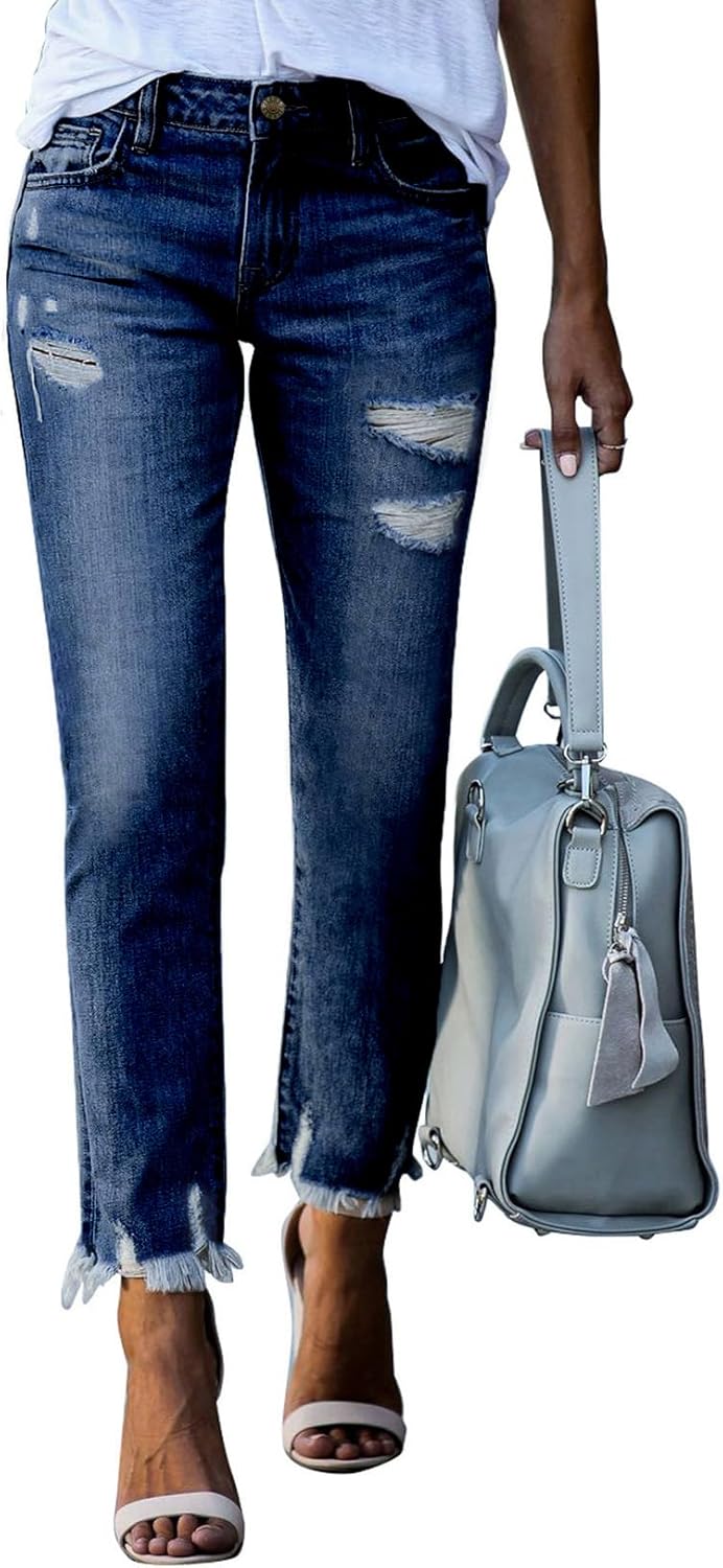 EVALESS Womens Jeans Mid Waisted Stretchy Ripped Distressed Tummy Control Straig...