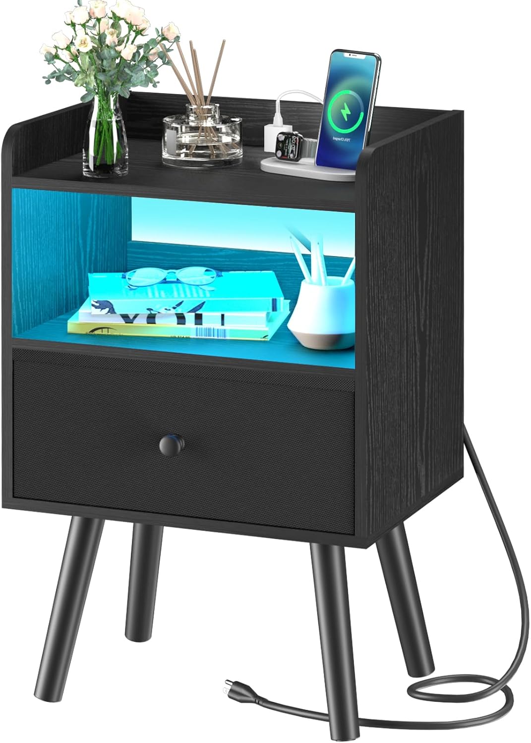 Yoobure Nightstand with Charging Station, Modern Night Stand with LED Lights, Wo...