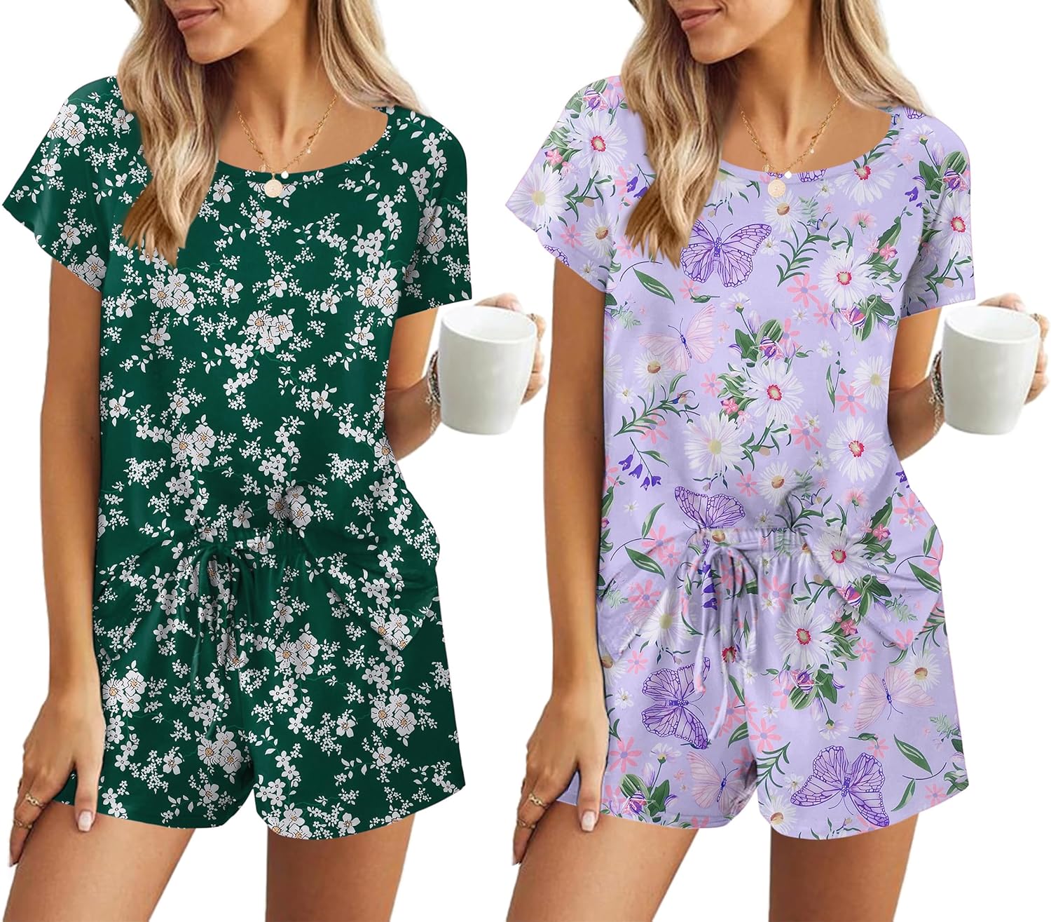 Ekouaer 2 Pack Pajamas Womens Short Sleeve Sleepwear Soft Crew Neck Pj Shorts Se...