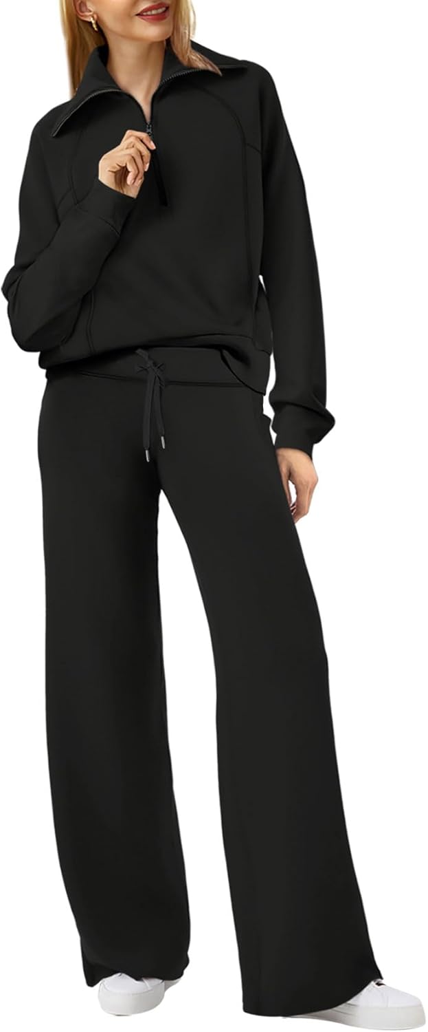 XIEERDUO Lounge Sets For Women 2024 Half Zip Sweatshirt And Wide Leg Sweatpant 2...