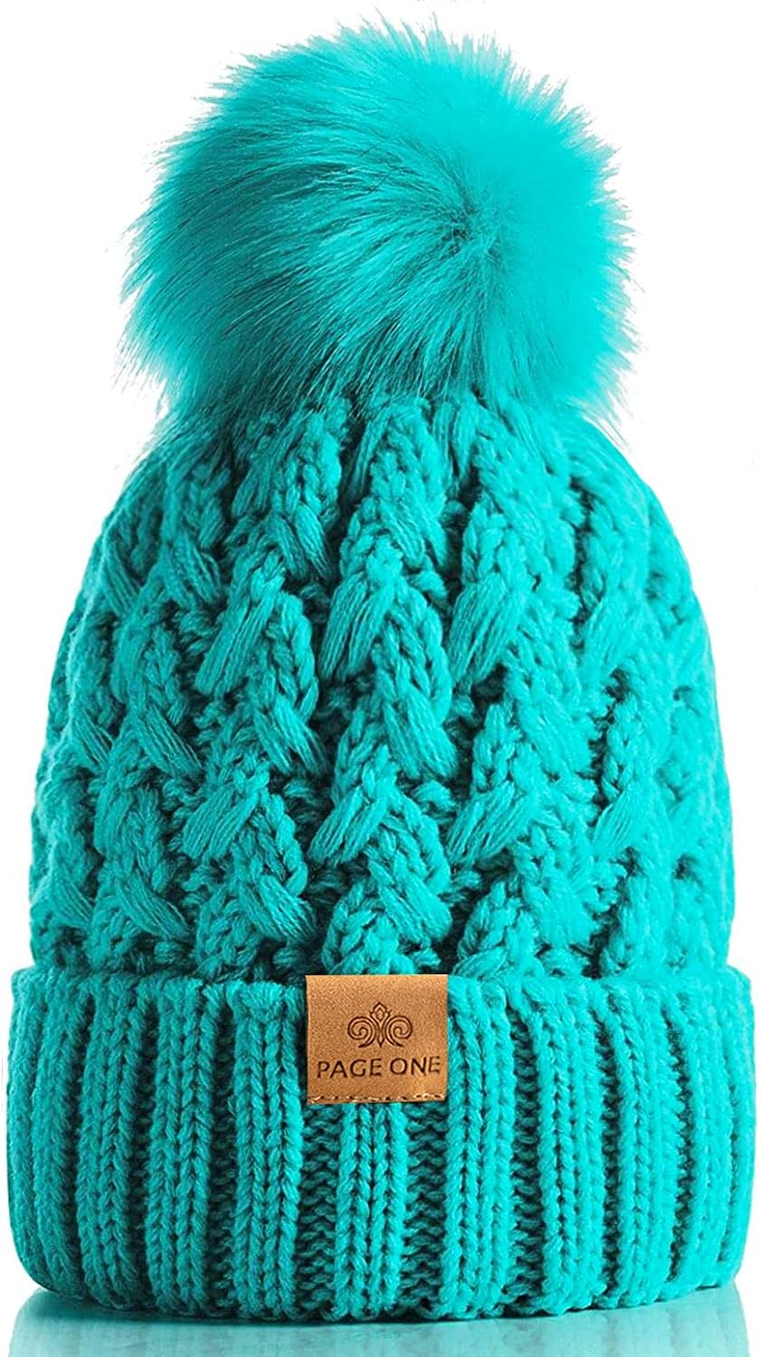 PAGE ONE Womens Winter Ribbed Beanie Crossed Cap Chunky Cable Knit Pompom Soft W...