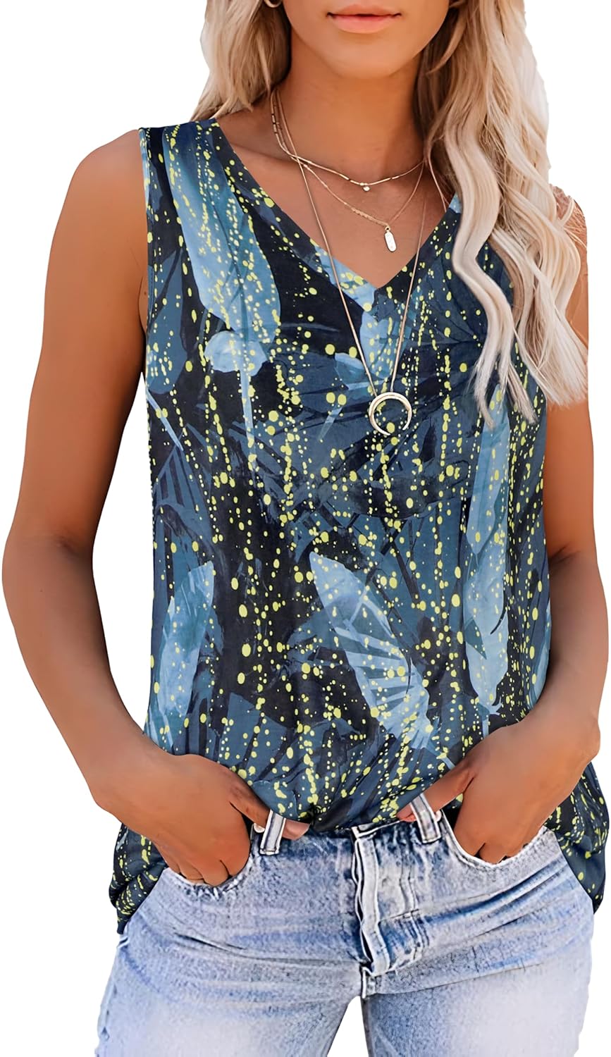 Summer Tops for Women Sleeveless V Neck Tshirt Loose Fit Casual Tank Tunic Blous...