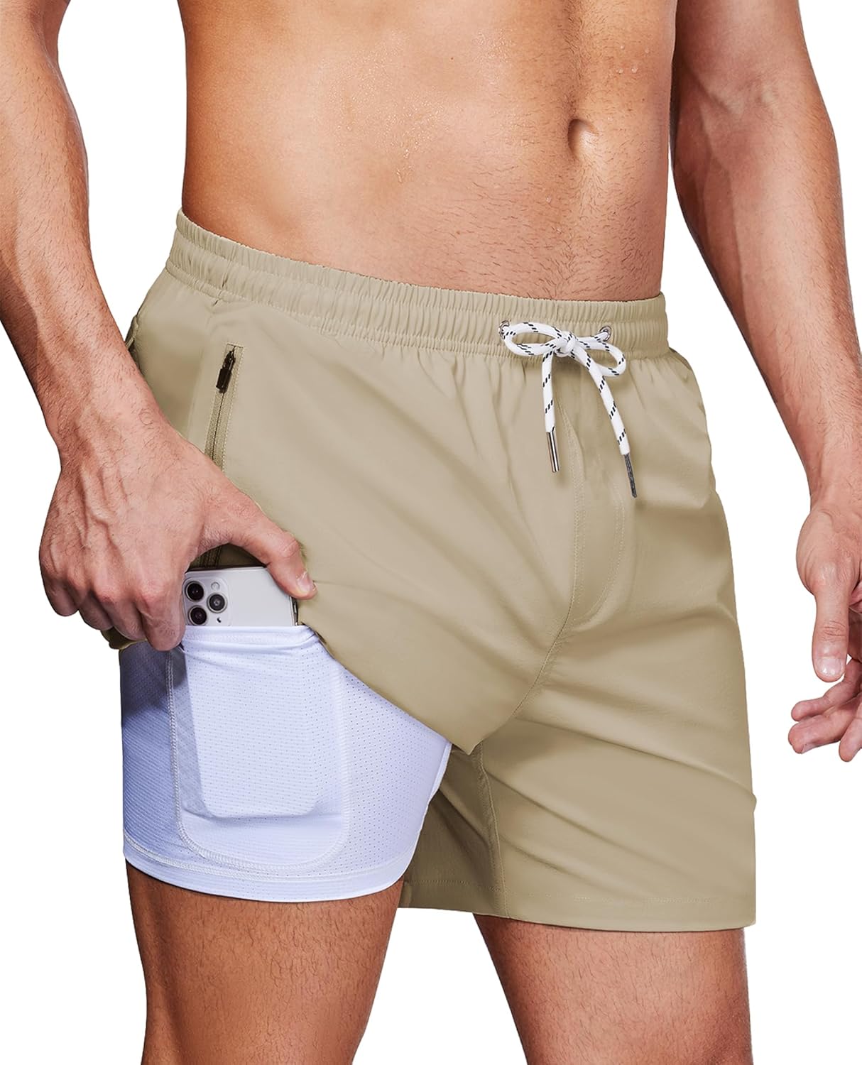Alimens & Gentle Mens 5" Swim Trunks with Zipper Pocket 2 in 1 Swim Shorts with...
