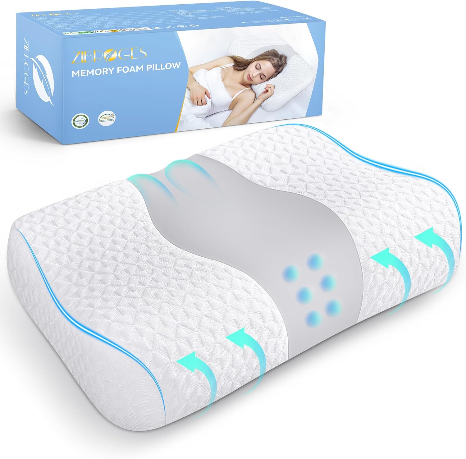 Zibroges Neck Pillow Memory Foam Pillows - Cervical Pillows Support for Side, Ba...