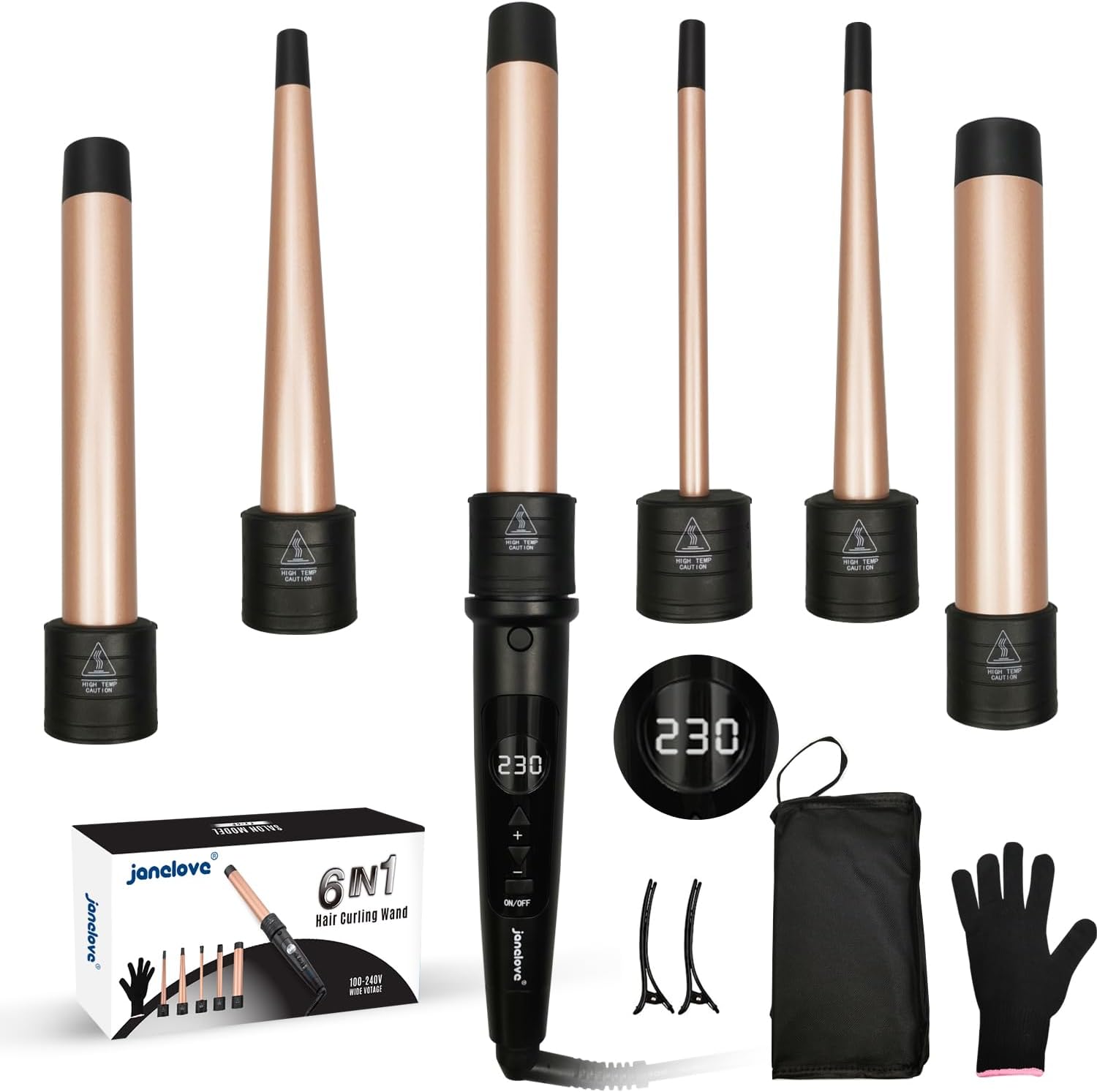 janelove Hair Curler, Curling Wand,6 in 1 Hair Iron Set for Long/Short Hair, wit...