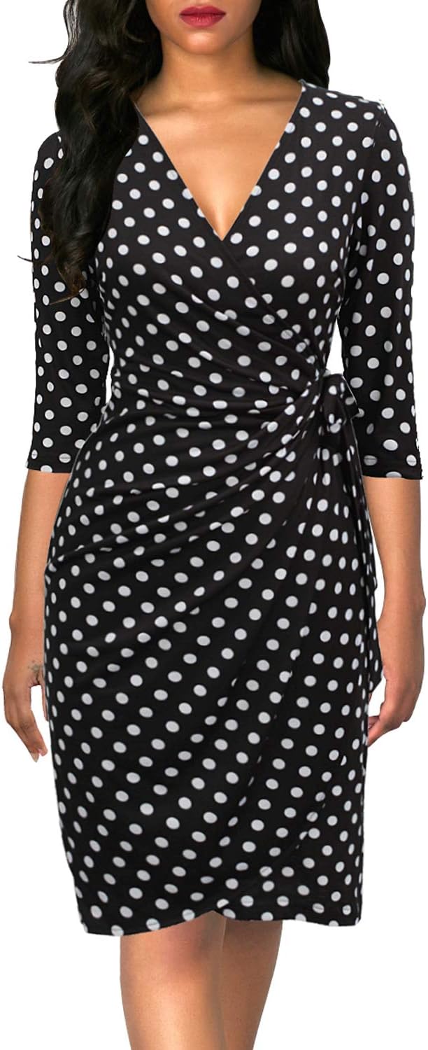 Berydress Women's Classic 3/4 Sleeve V Neck Sheath Casual Party Work Faux Black...