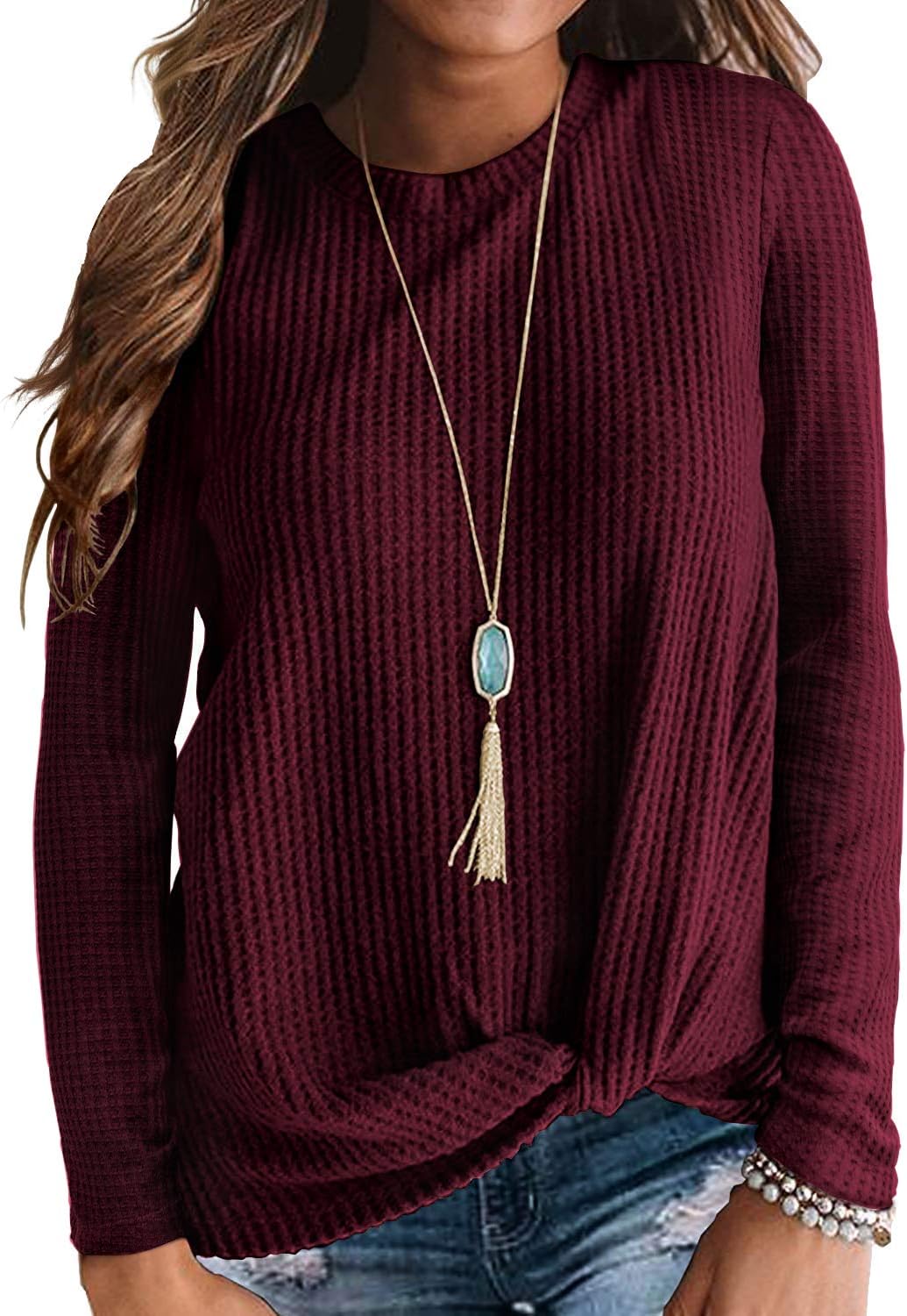Neineiwu Womens Casual Tops Long Sleeve Cute Twist Knot Waffle Knit Shirts Loose...