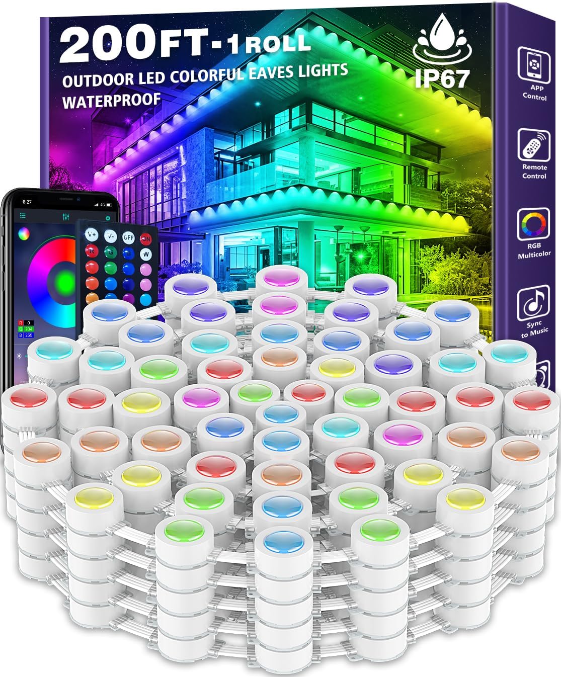 200FT Permanent Outdoor RGB Lights,IP67 Waterproof Smart LED Eaves Lights with A...