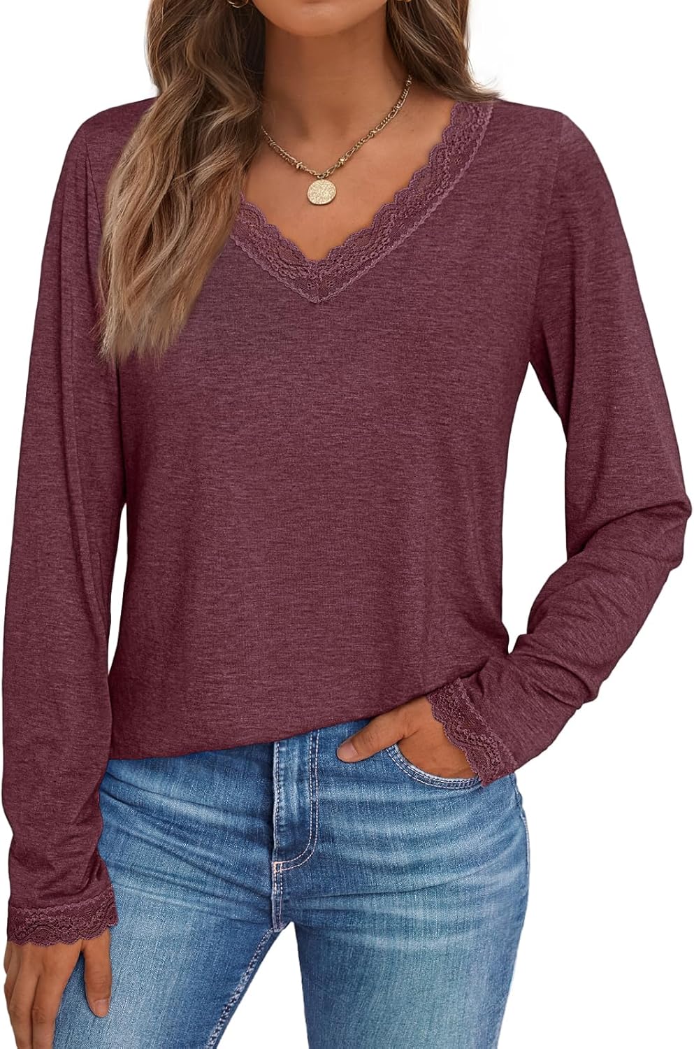 AUTOMET Long Sleeve T Shirts for Women Lace V Neck Casual Cute Tops Loose Fit Fa...