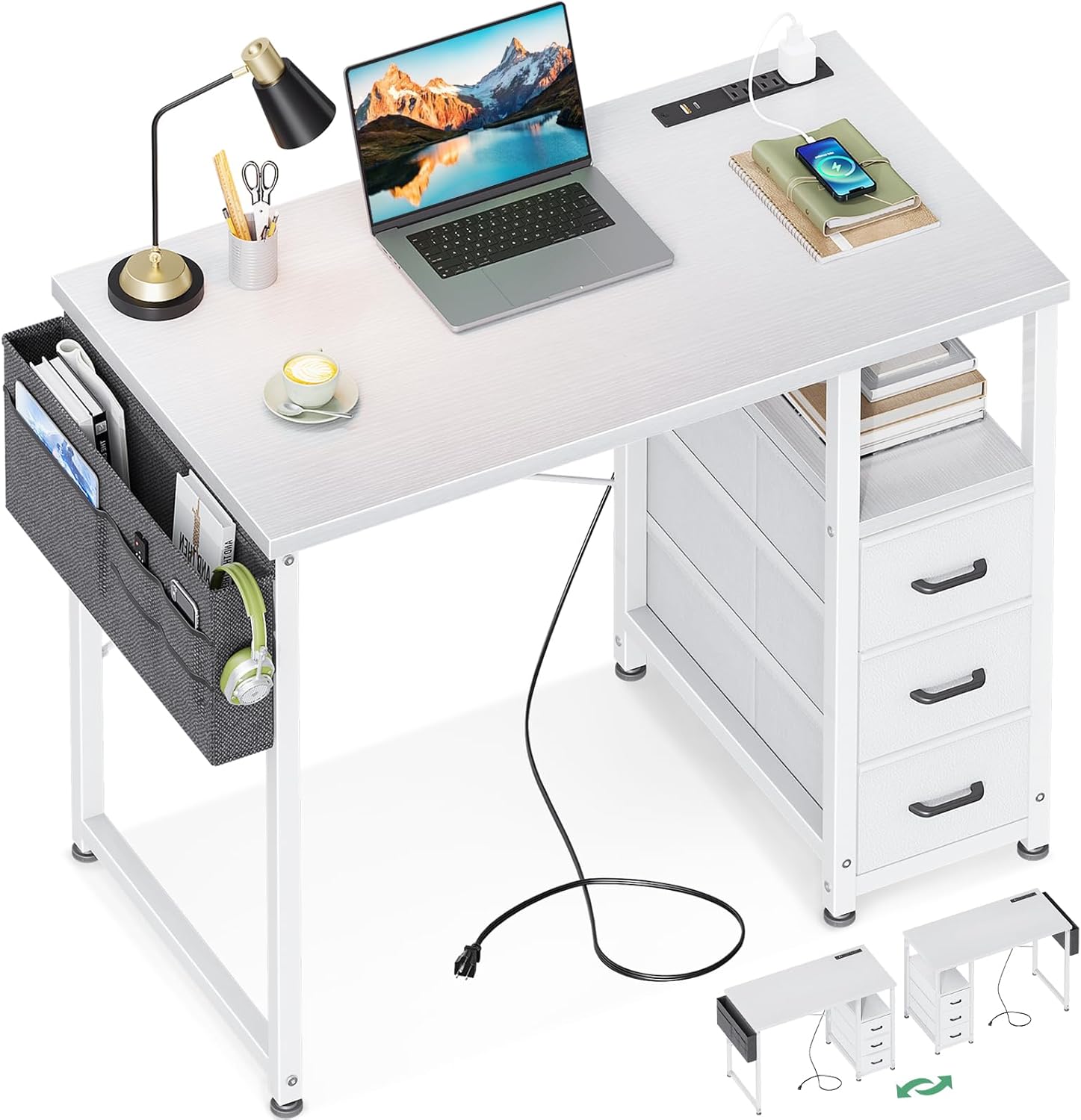 AODK 32-Inch Small Vanity Desk with Fabric Drawers and Charging Station, Kids Gi...