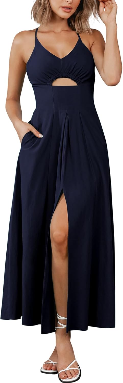 BTFBM Women 2025 Summer Spaghetti Strap Dress Sleeveless V Neck Cutout Slit Casu...