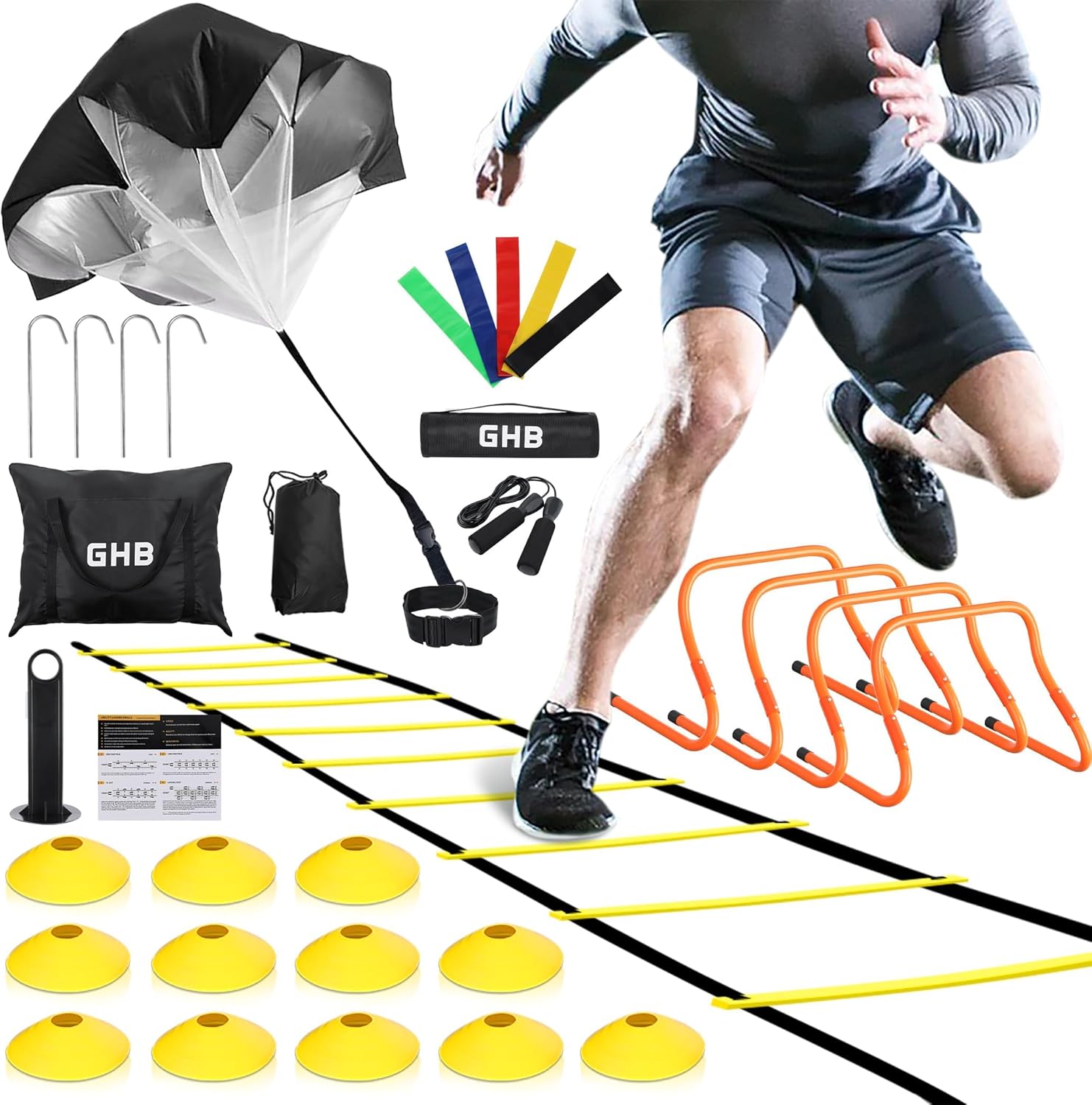GHB Agility Ladder,Football Training Equipment Set,4 Agility Hurdles, 20 feet 12...