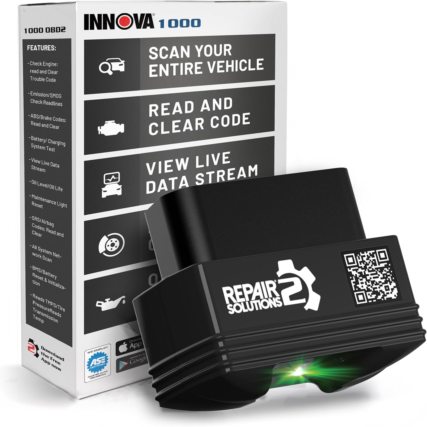 Innova 1000 OBD2 Scanner Bluetooth - Check Engine, ABS, SRS - No Subscriptions -...