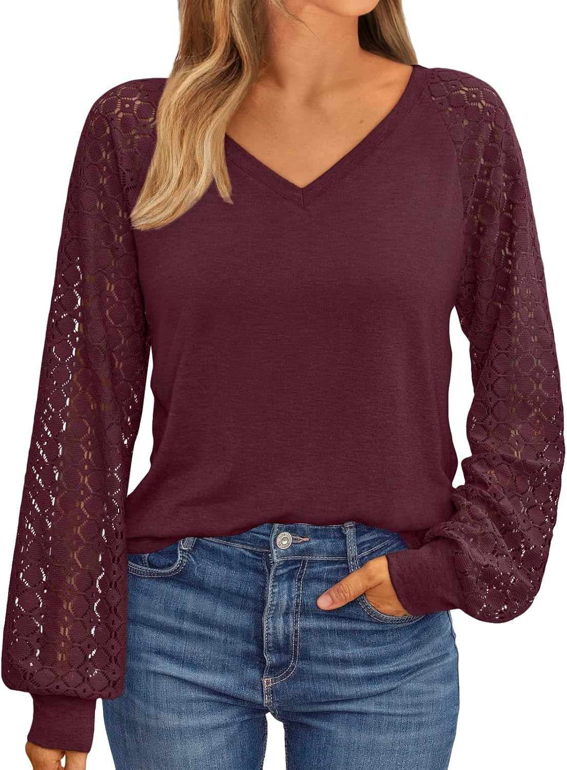 AUTOMET Womens Long Sleeve Shirts V-Neck Lace Tops Business Casual Blouses Tee T...
