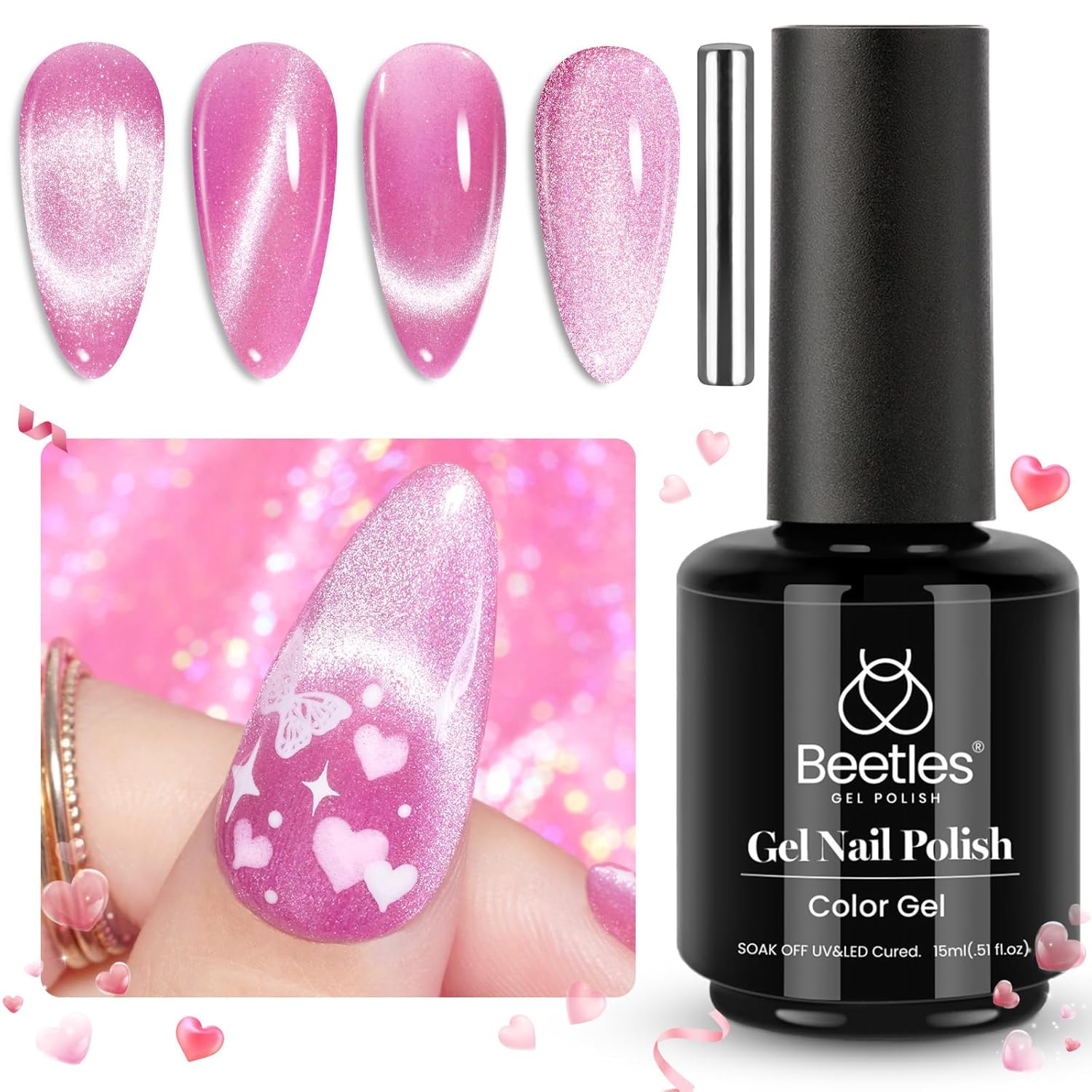 beetles Cat Eye Gel Polish 15ml Pink Cat Eye Gel Nail Polish with Magnet Pink Ve...