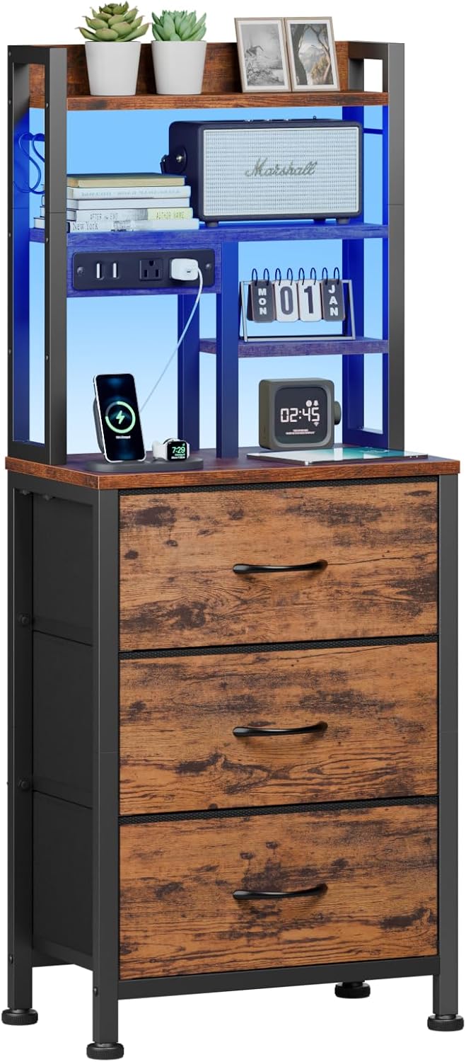 Furnulem Tall Night Stand with 3 Fabric Drawers and LED Lights, Nightstand with...