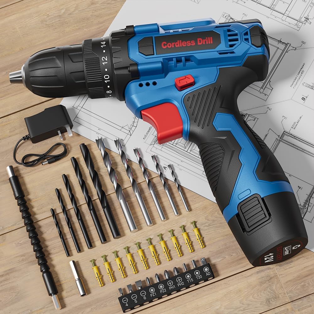 Cordless Drill 12V, Lightweight Electric Drill Set with 42 Accessories, Electric...