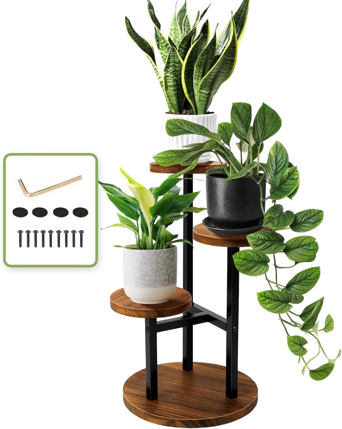 AUGOSTA 3 Tier Plant Stand, Tall Metal Wood Shelf Holder for Indoor, Outdoor Dis...