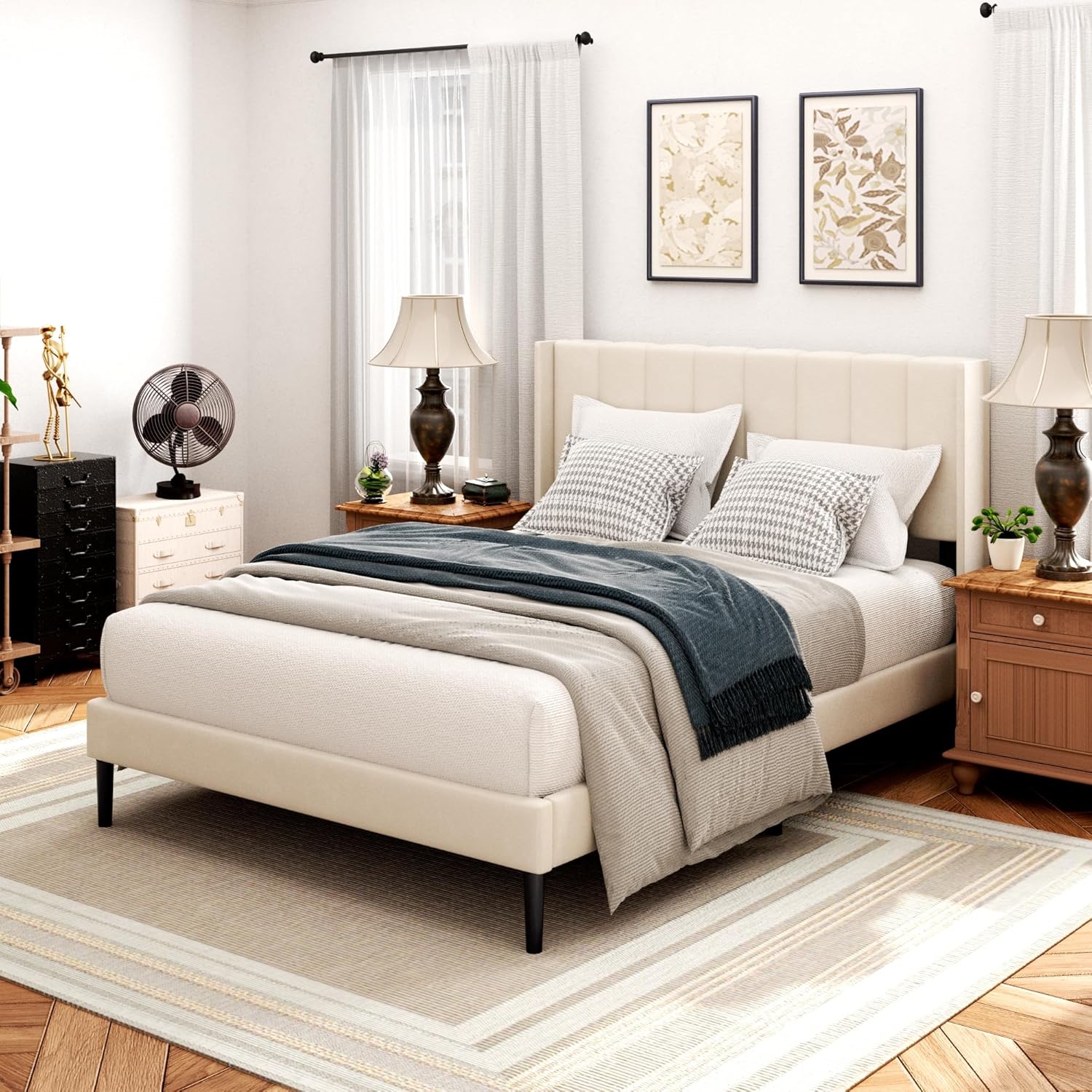 Queen Bed Frame with Headboard,Bed Frame Queen Size Vertical Channel Tufted Wing...