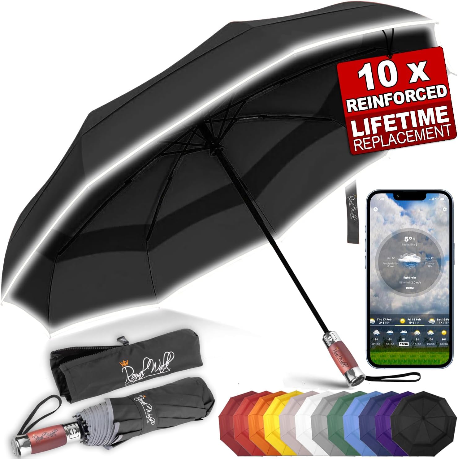 Royal Walk Windproof Folding Travel Umbrella Compact and Strong Luxurious Real W...