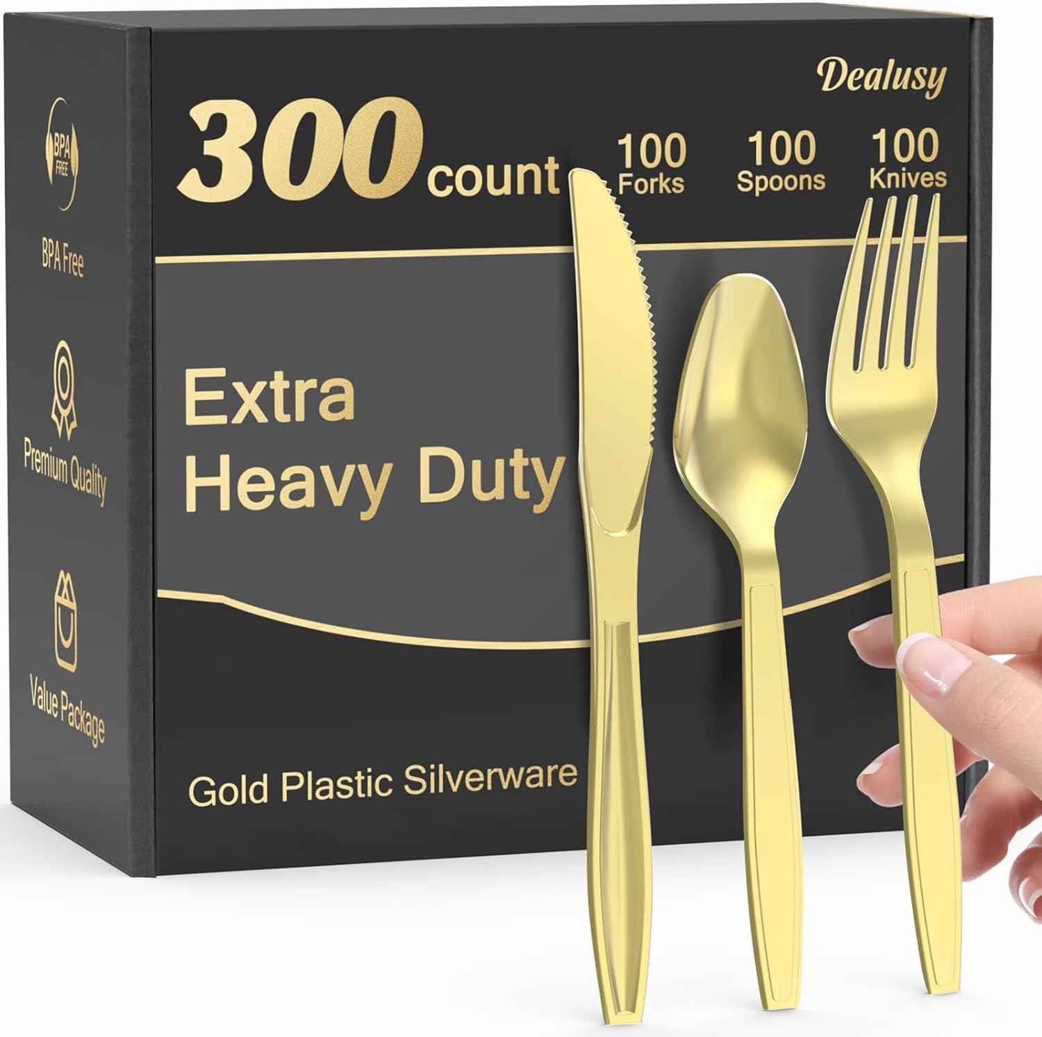 300 Count Extra Heavy Duty Gold Plastic Silverware, 100 Forks, 100 Spoons, 100 K...